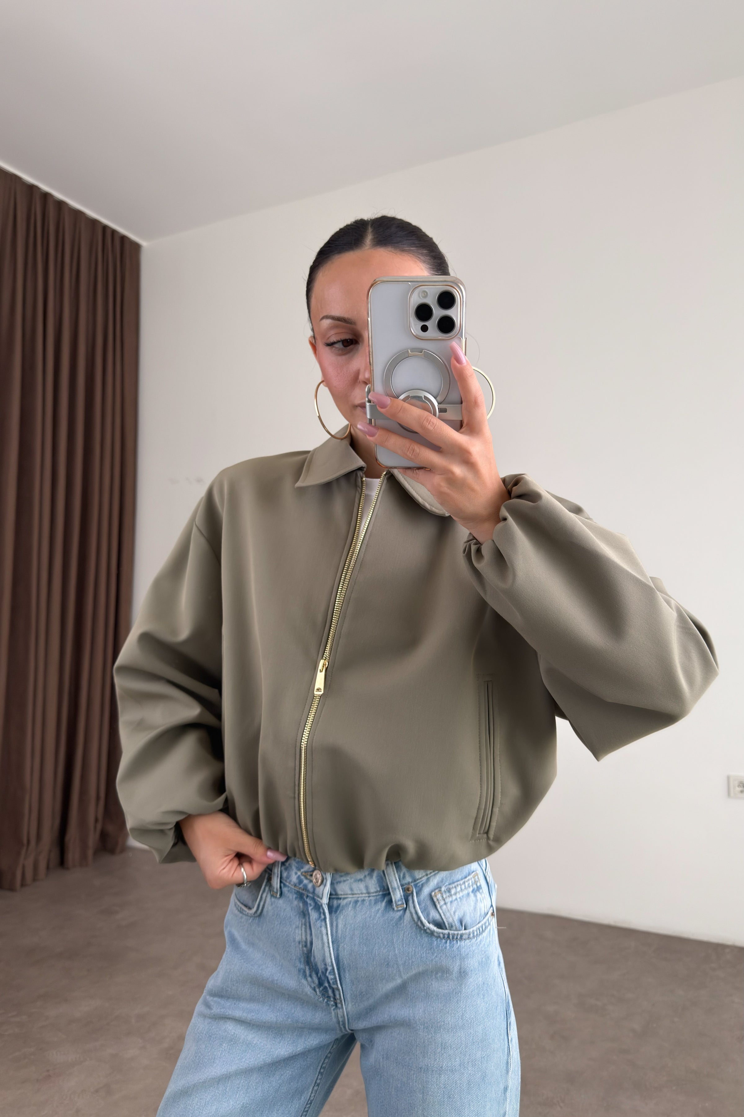 Premium Polo Yaka Haki Bomber Ceket