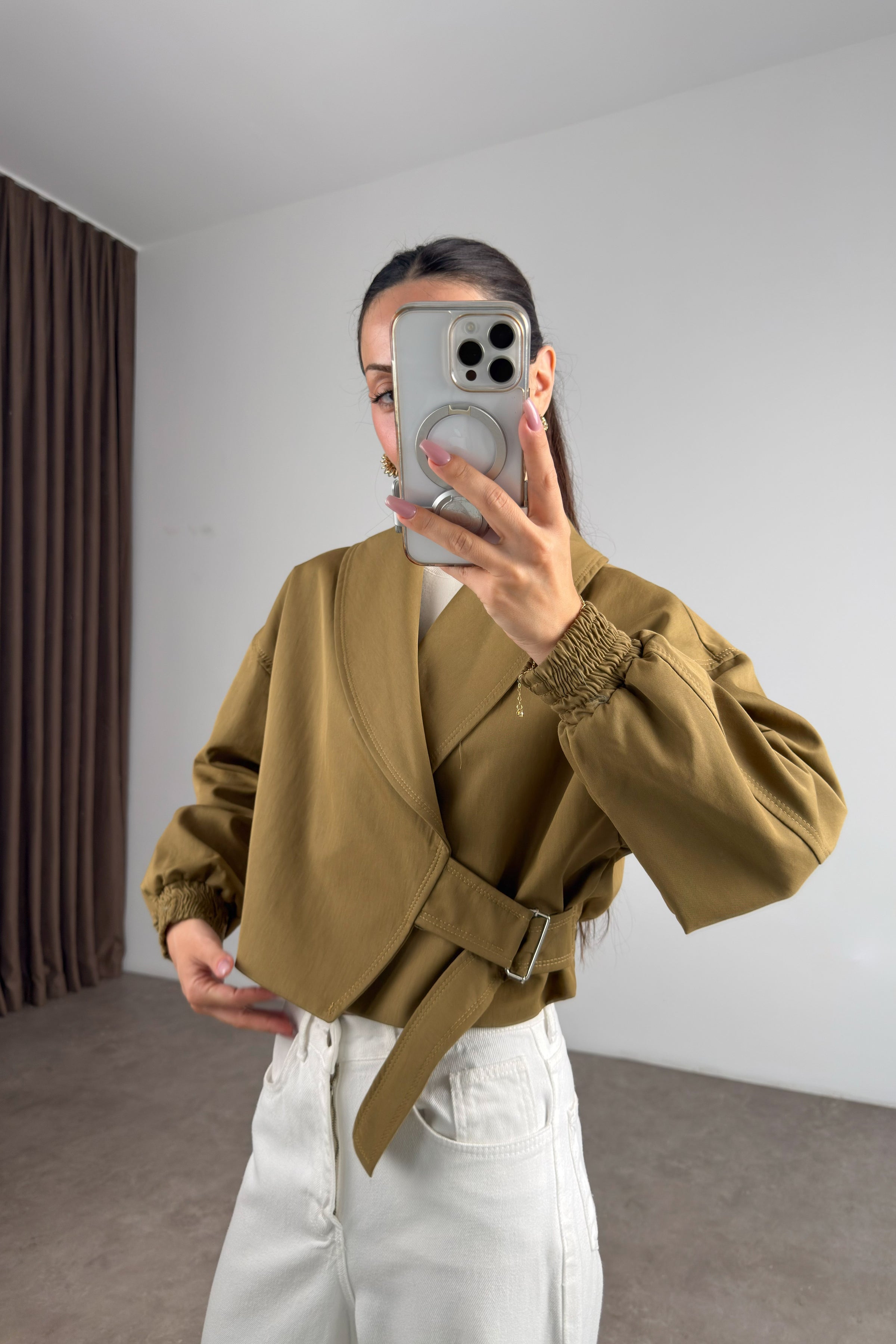 Kruvaze Kesim Şal Yaka Kemerli Olive  Bomber Trençkot