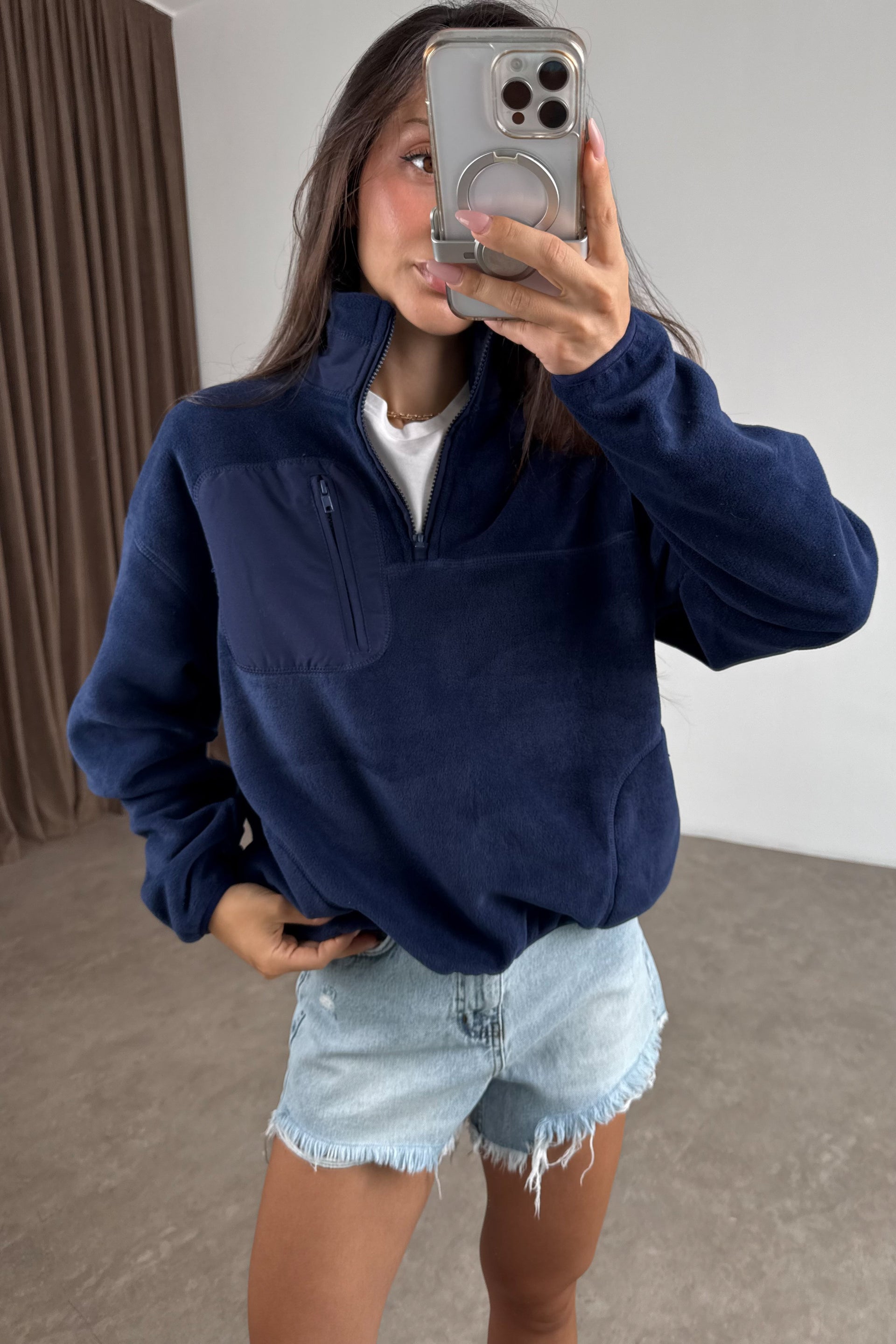 Fermuarlı Dik Yakalı Mavi Polar Sweat
