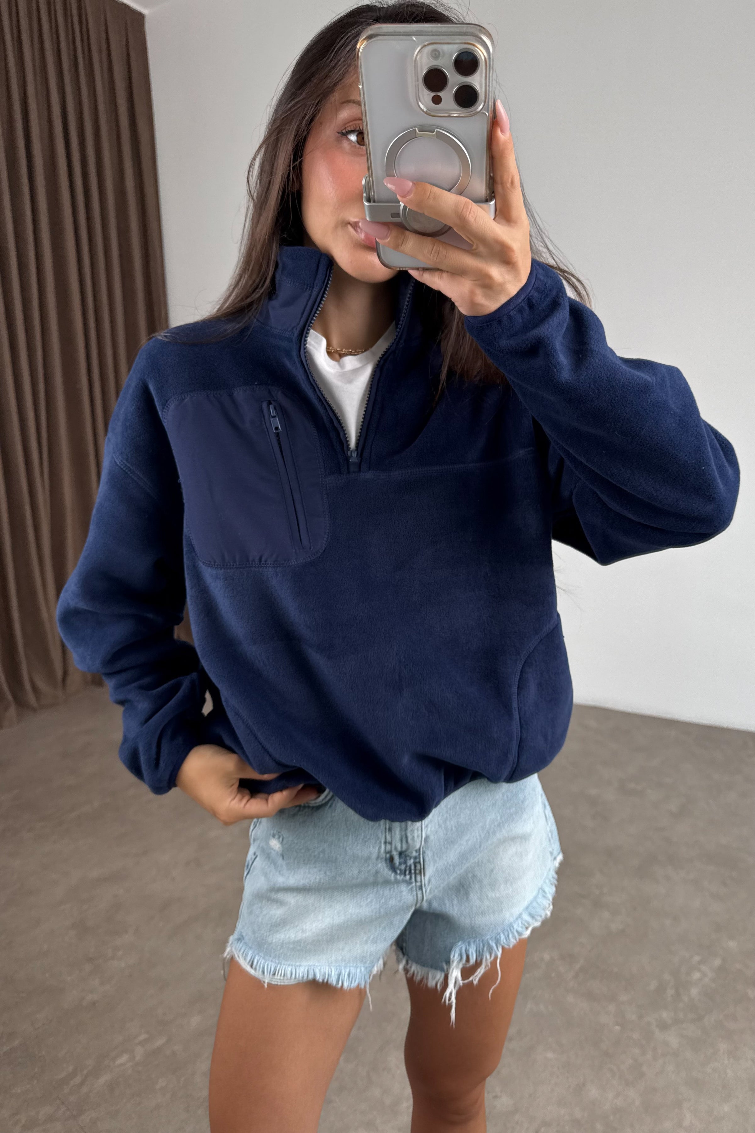 Fermuarlı Dik Yakalı Mavi Polar Sweat