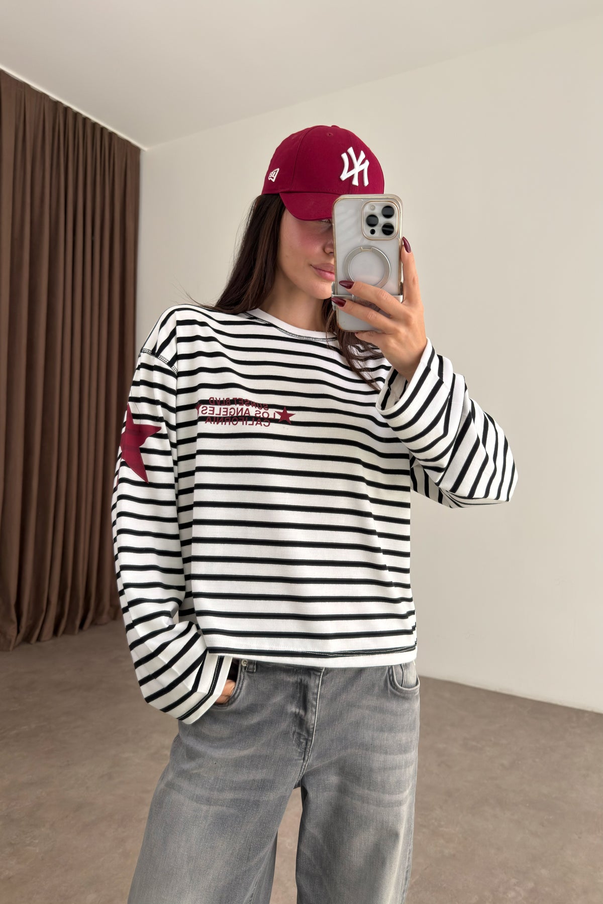 LA Siyah Beyaz Çizgili Sweatshirt