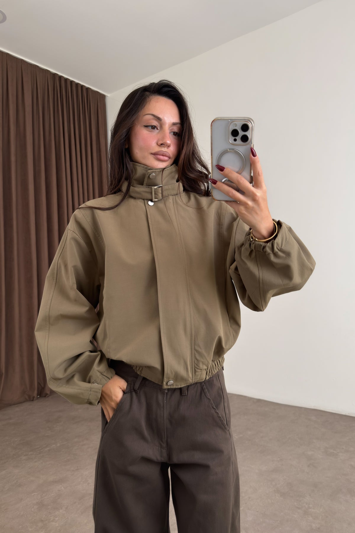 Haki Bomber Kesim Yakası Kemerli Ceket