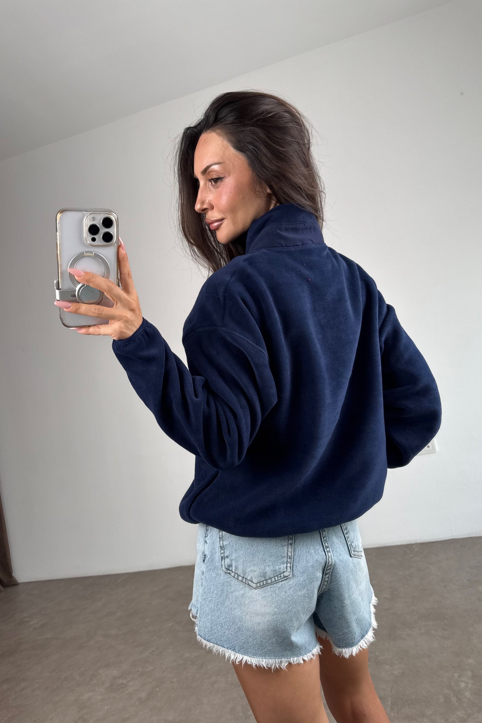 Fermuarlı Dik Yakalı Mavi Polar Sweat