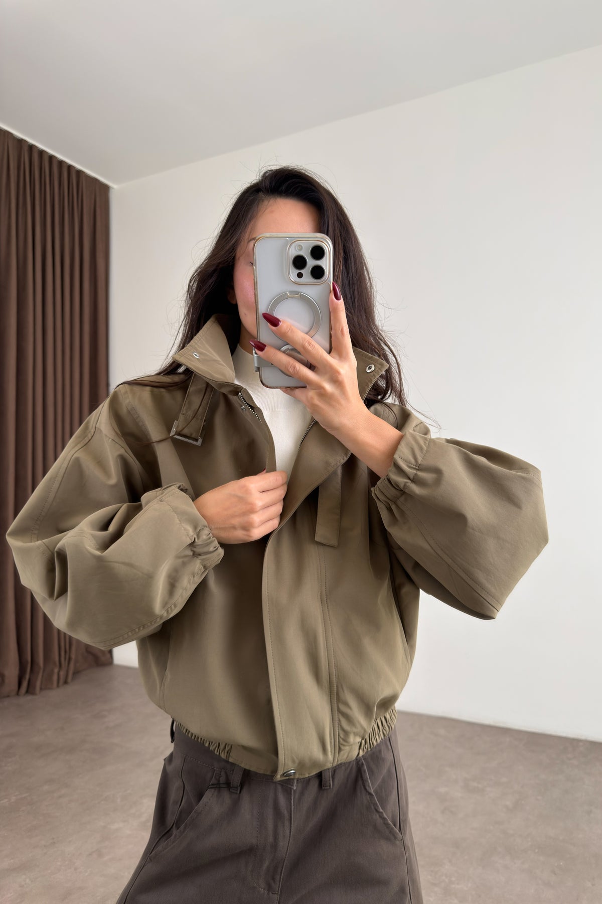 Haki Bomber Kesim Yakası Kemerli Ceket