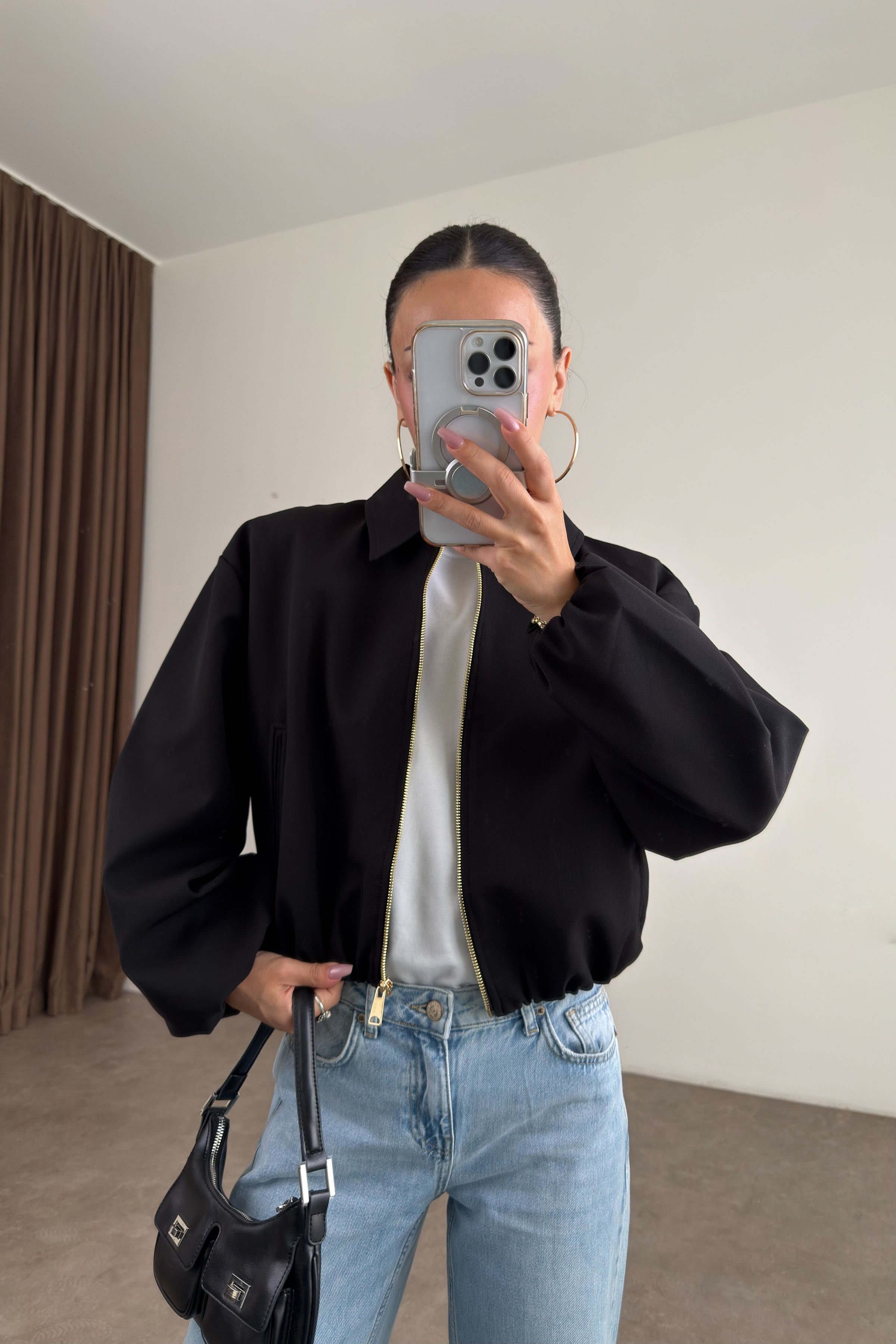 Premium Polo Yaka Siyah Bomber Ceket