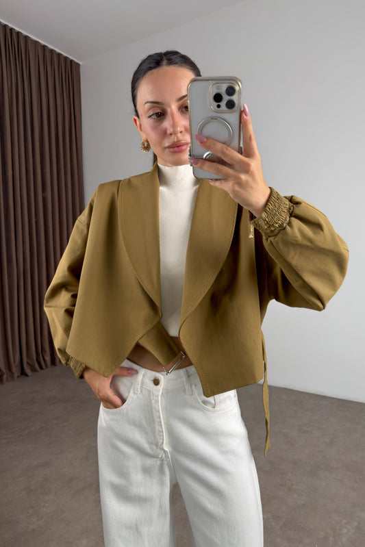 Kruvaze Kesim Şal Yaka Kemerli Olive  Bomber Trençkot