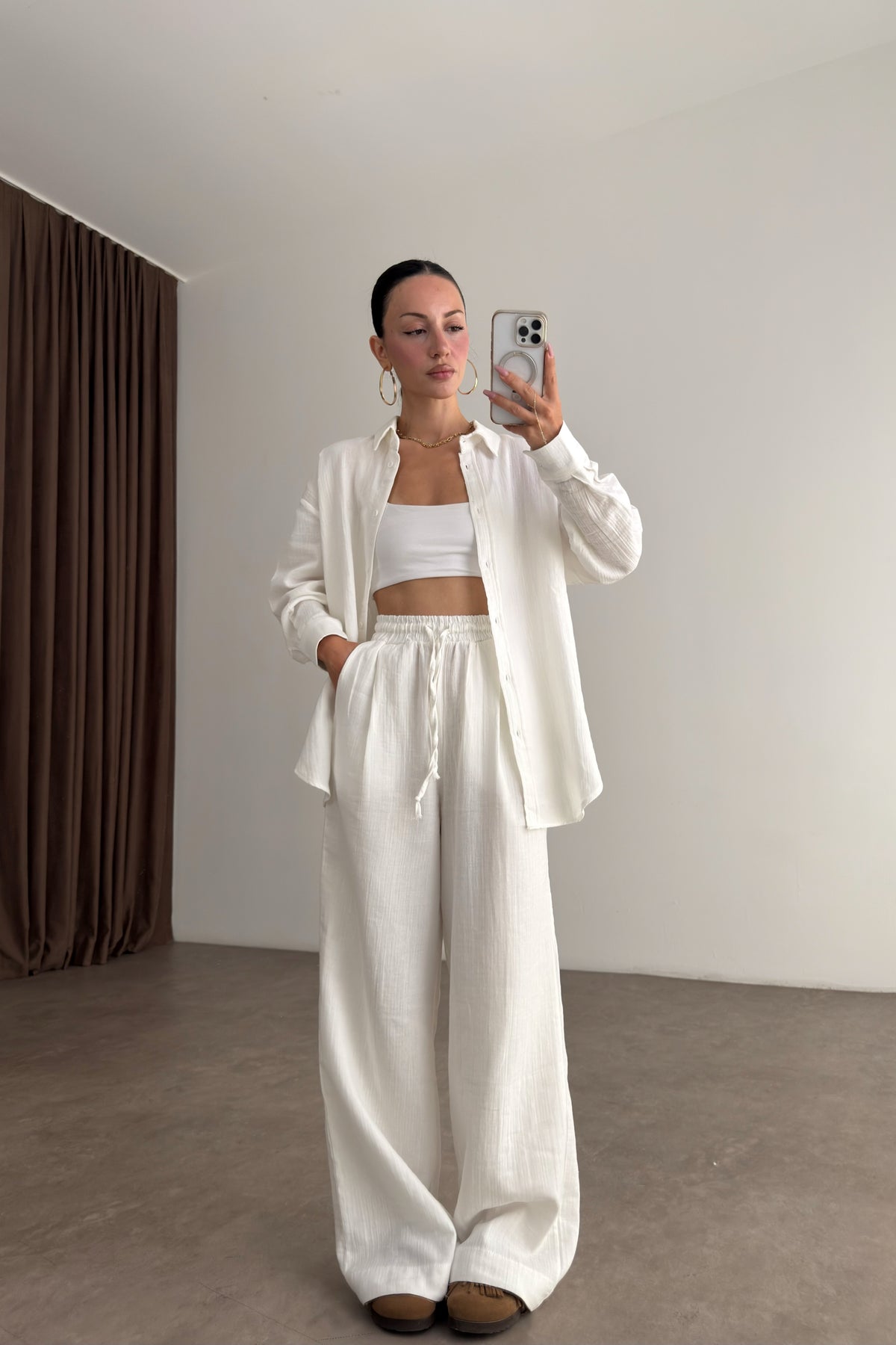 Bymn Oversize Müslin Gömlek Pantolon Ekru Takım