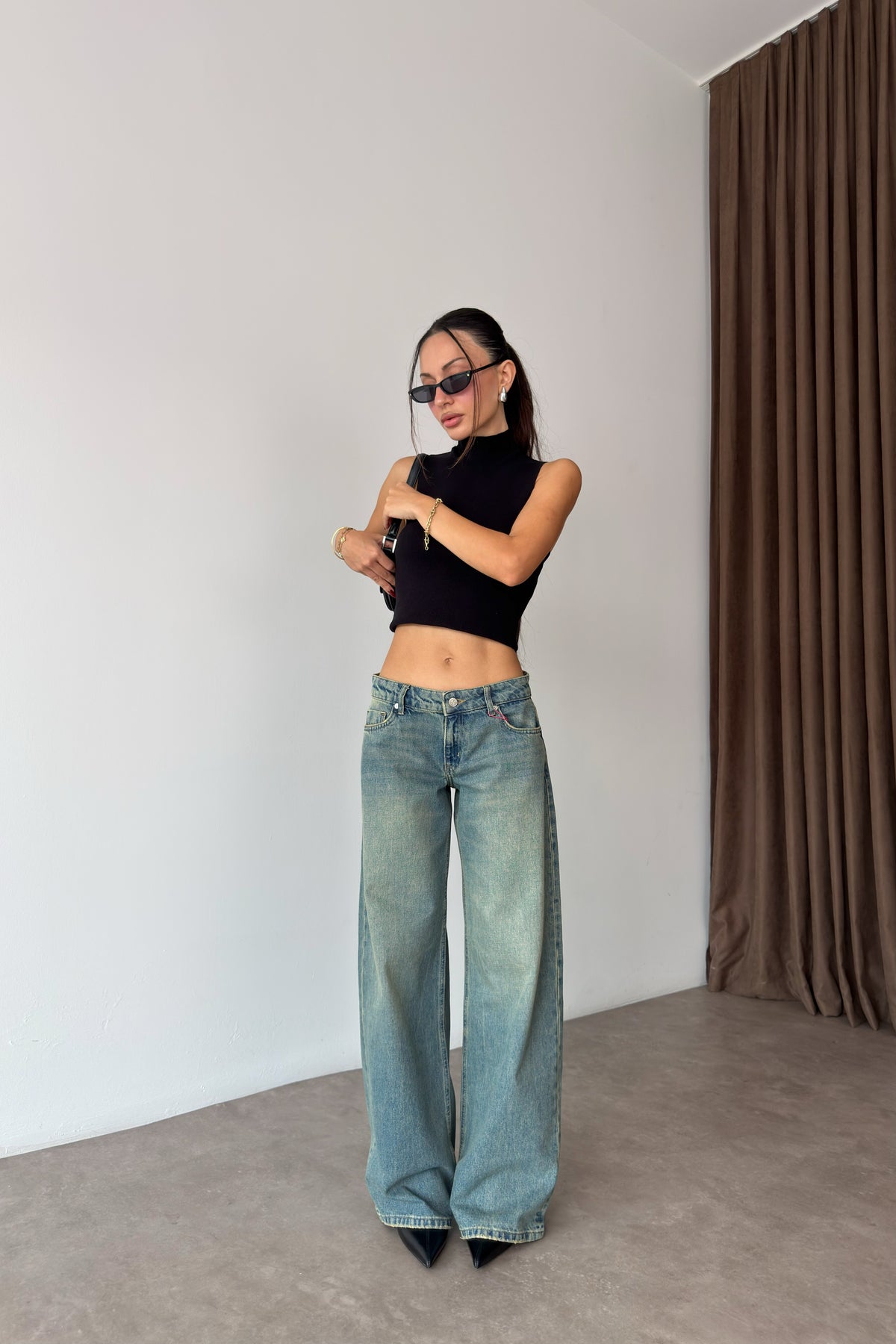 Premium Düşük Bel Vintage Blue Baggy Jean