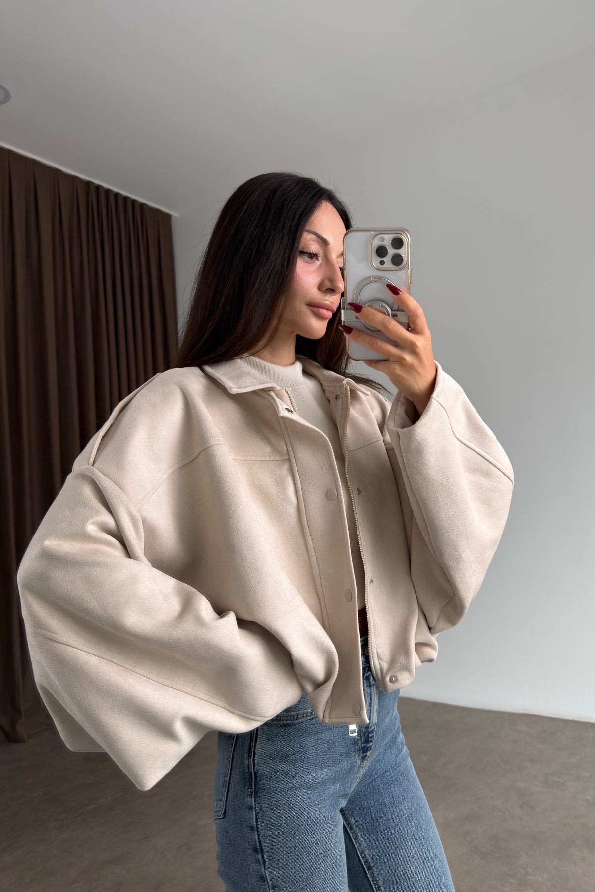 Premium Bej Süet Bomber Ceket
