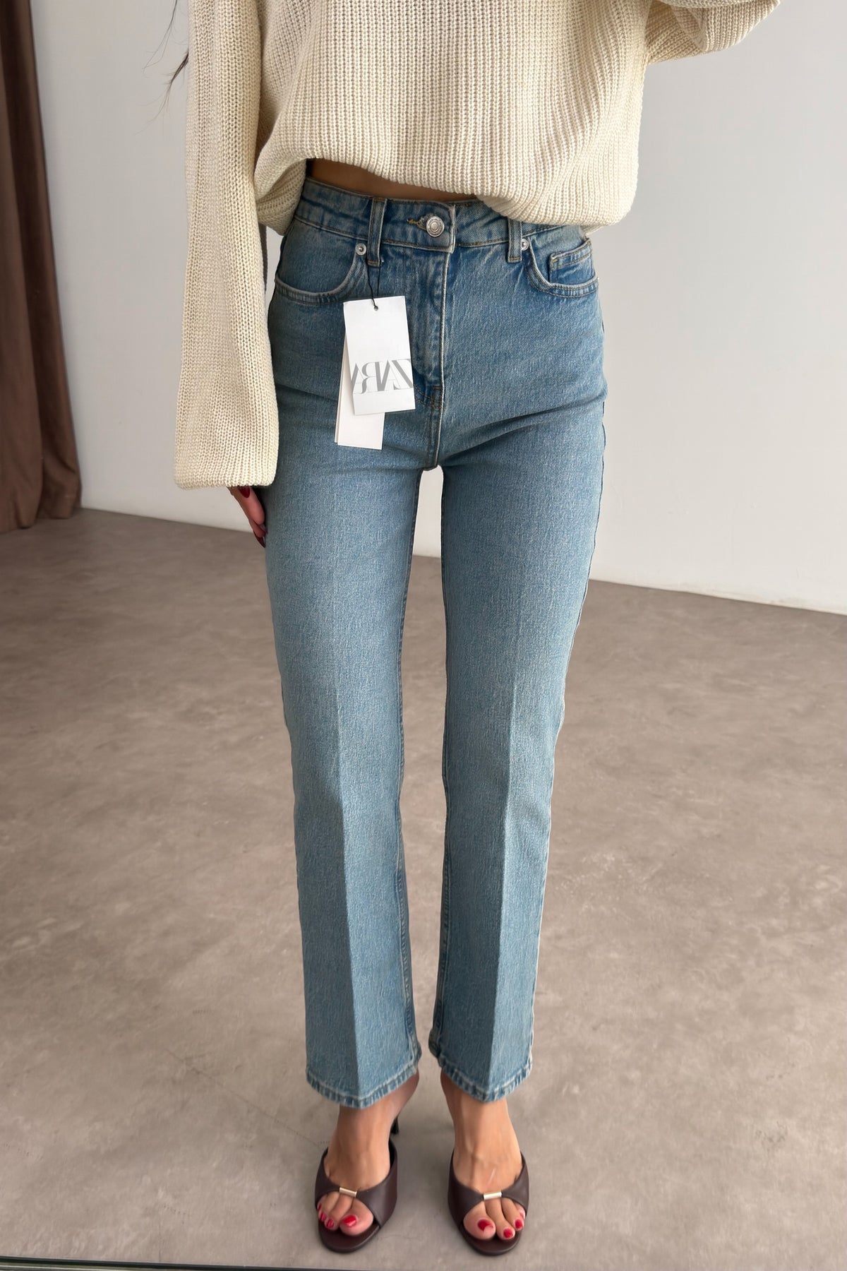 Zra Orj. Teal Blue Yüksek Belli Mom Fit Jean