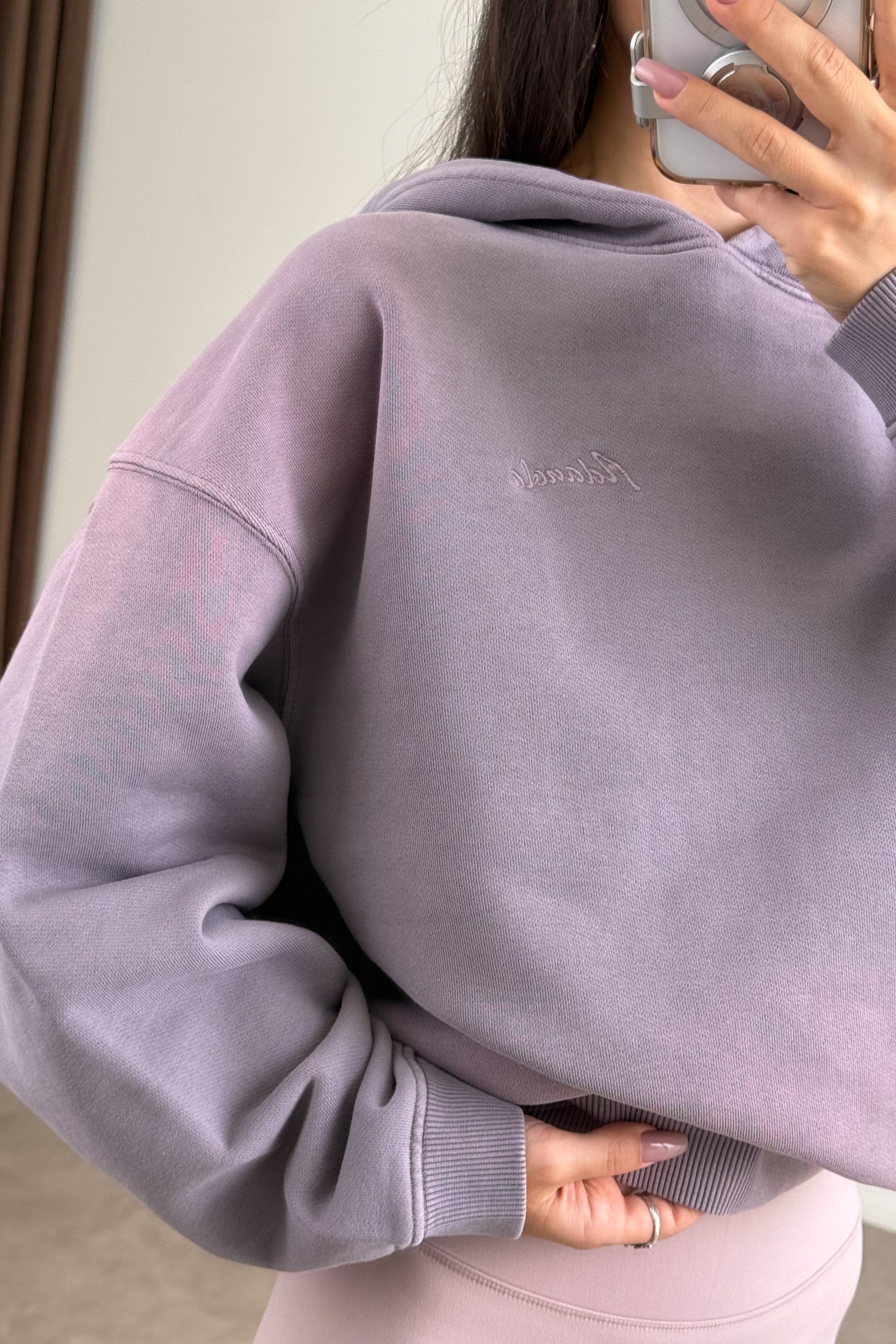 Orijinal Marka Kapüşonlu Asit Efektli Lila Sweatshirt
