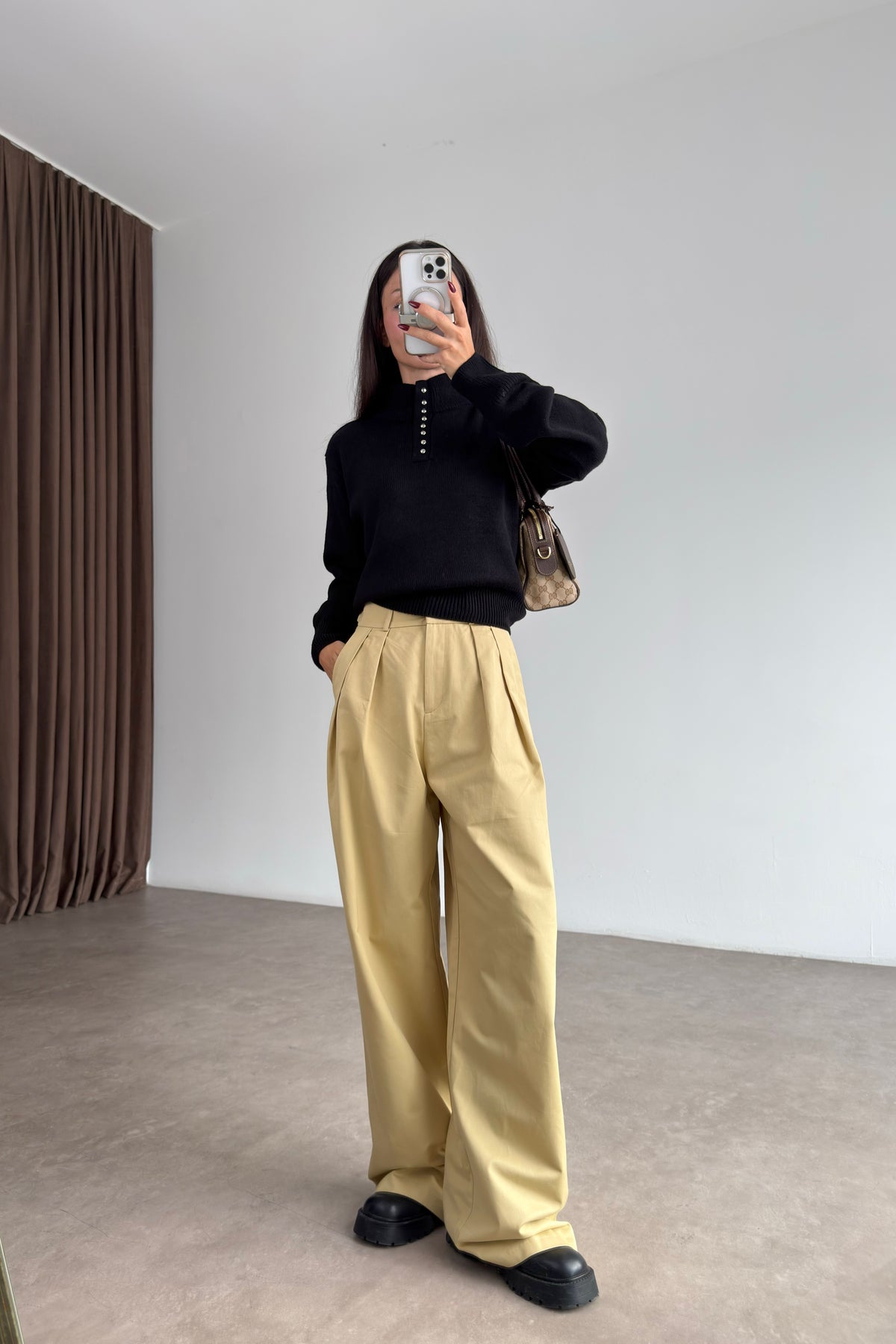 Pensli Yüksek Belli Bej Wide Leg Pantolon
