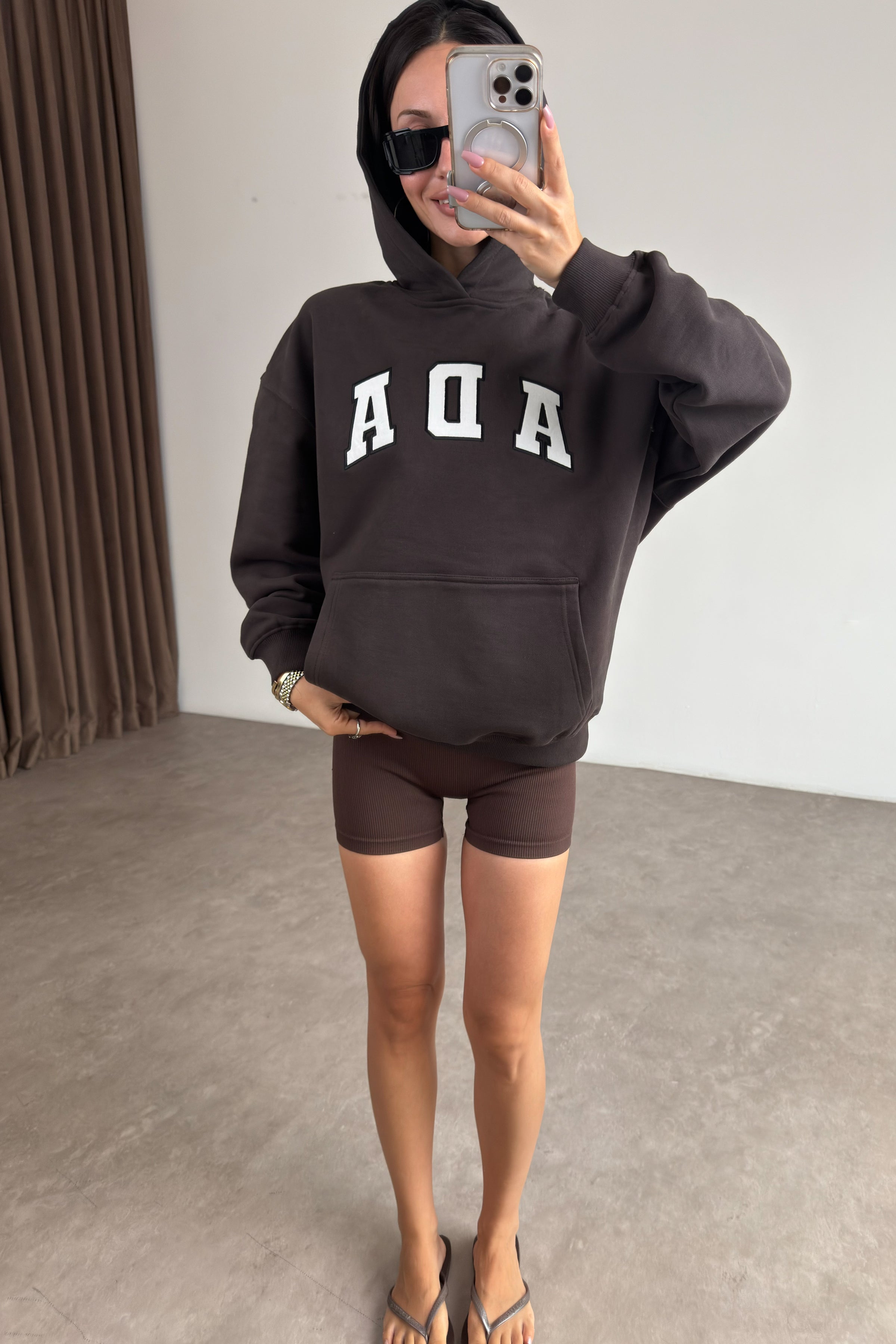 Orijinal Marka Ada Kahve Kapüşonlu Şardonlu Sweatshirt