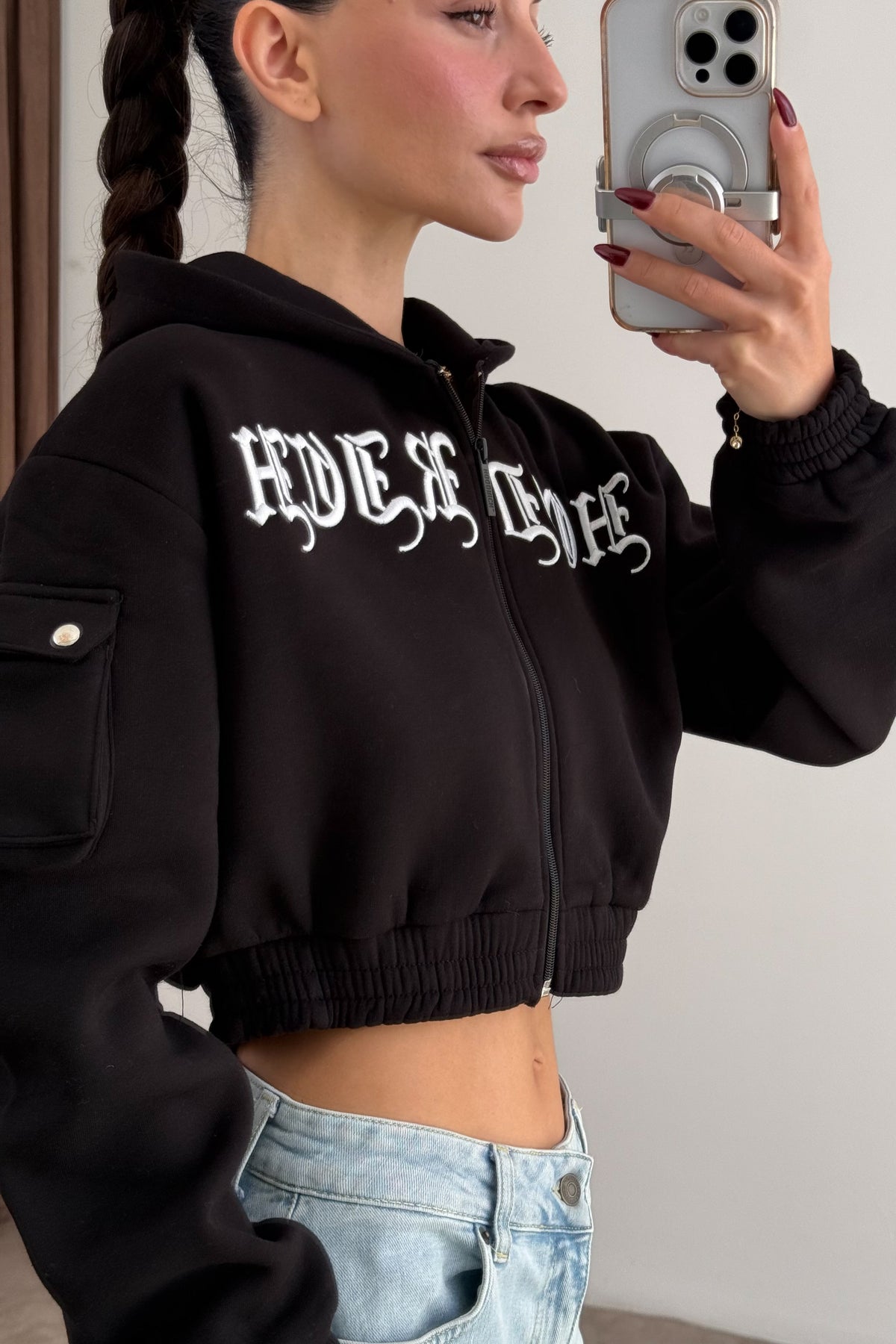Hoodrich Şardonlu Nakış Detaylı Siyah Fermuarlı Sweatshirt