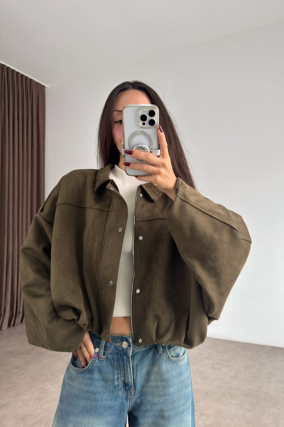 Premium Haki Süet Bomber Ceket