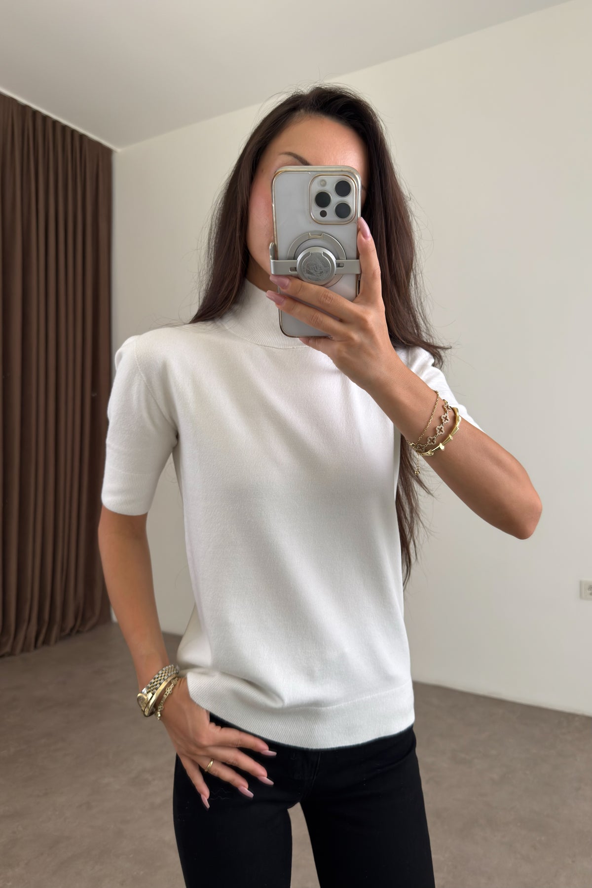 Yarım Boğazlı Kısa Kollu Modal Beyaz Triko