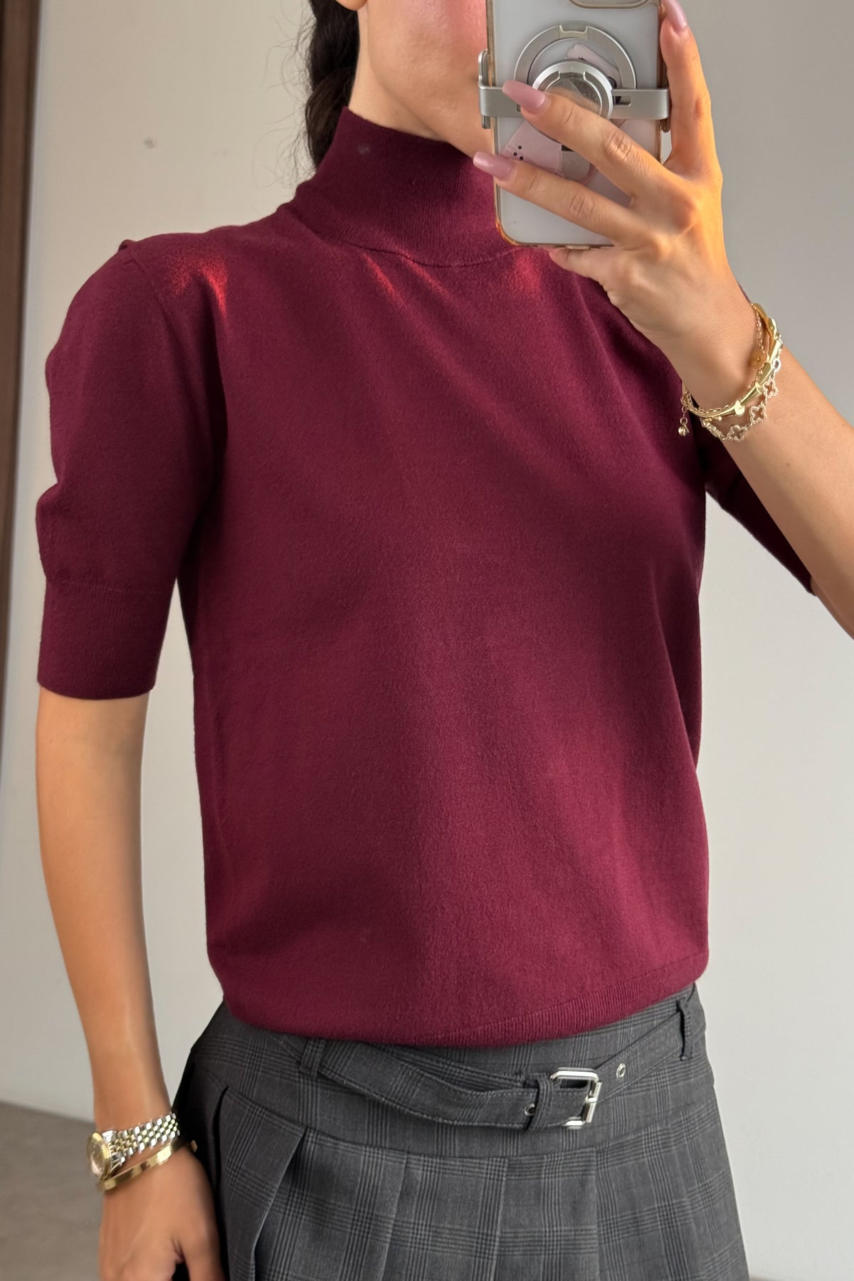 Yarım Boğazlı Kısa Kollu Modal Bordo Triko