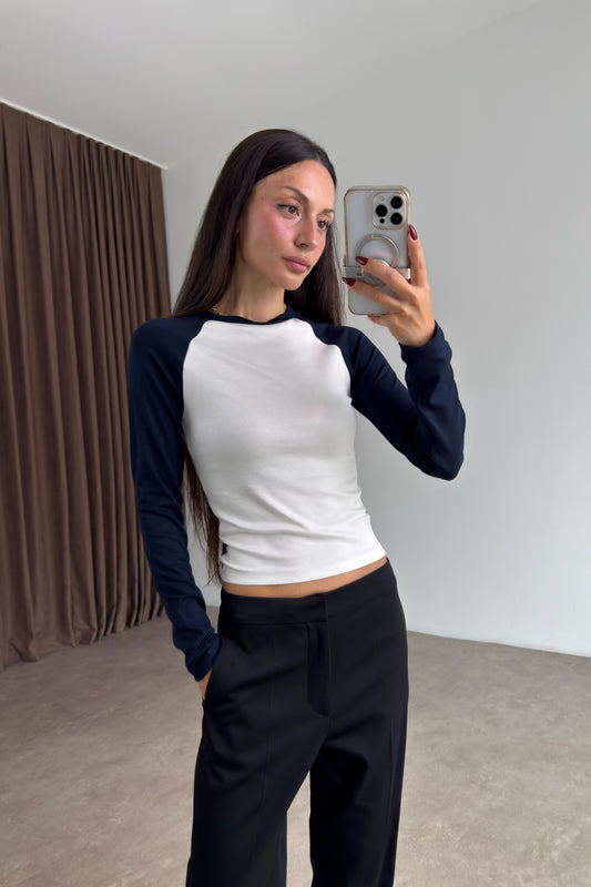 Raglan Kollu Lacivert Beyaz Body