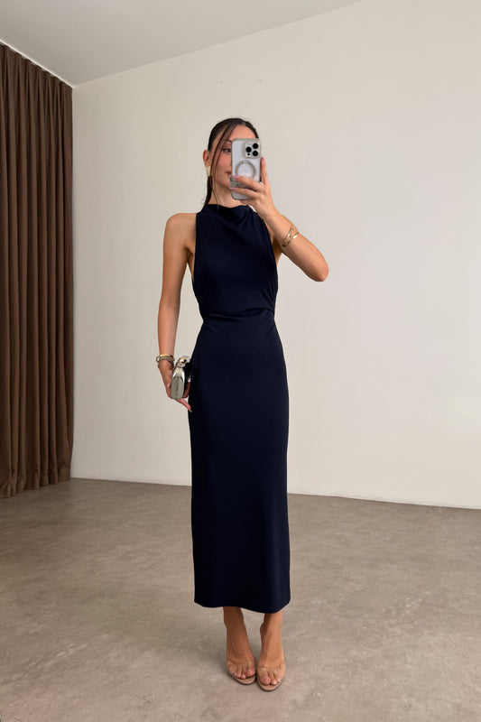Zr Halter Yaka Sırt Dekolteli Midi Lacivert Elbise