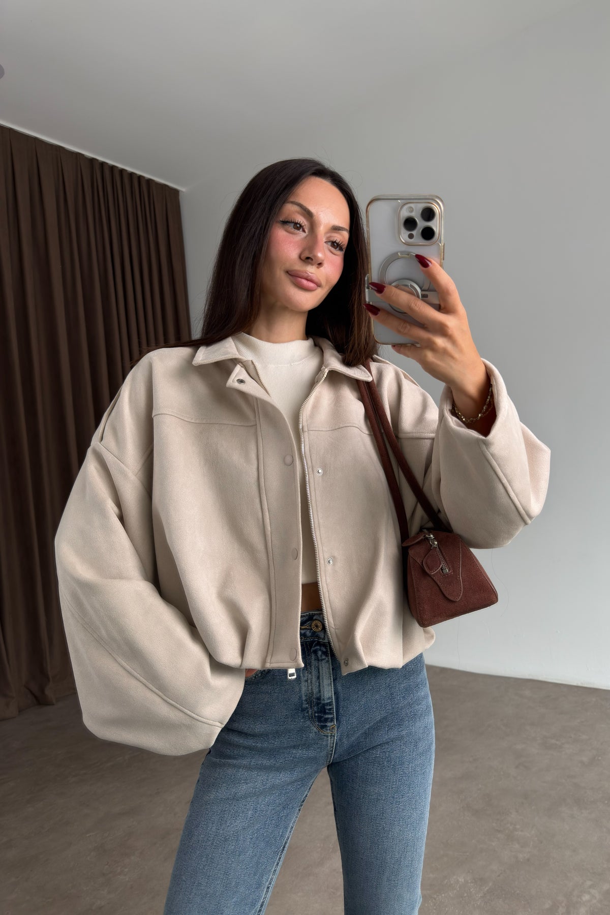 Premium Bej Süet Bomber Ceket