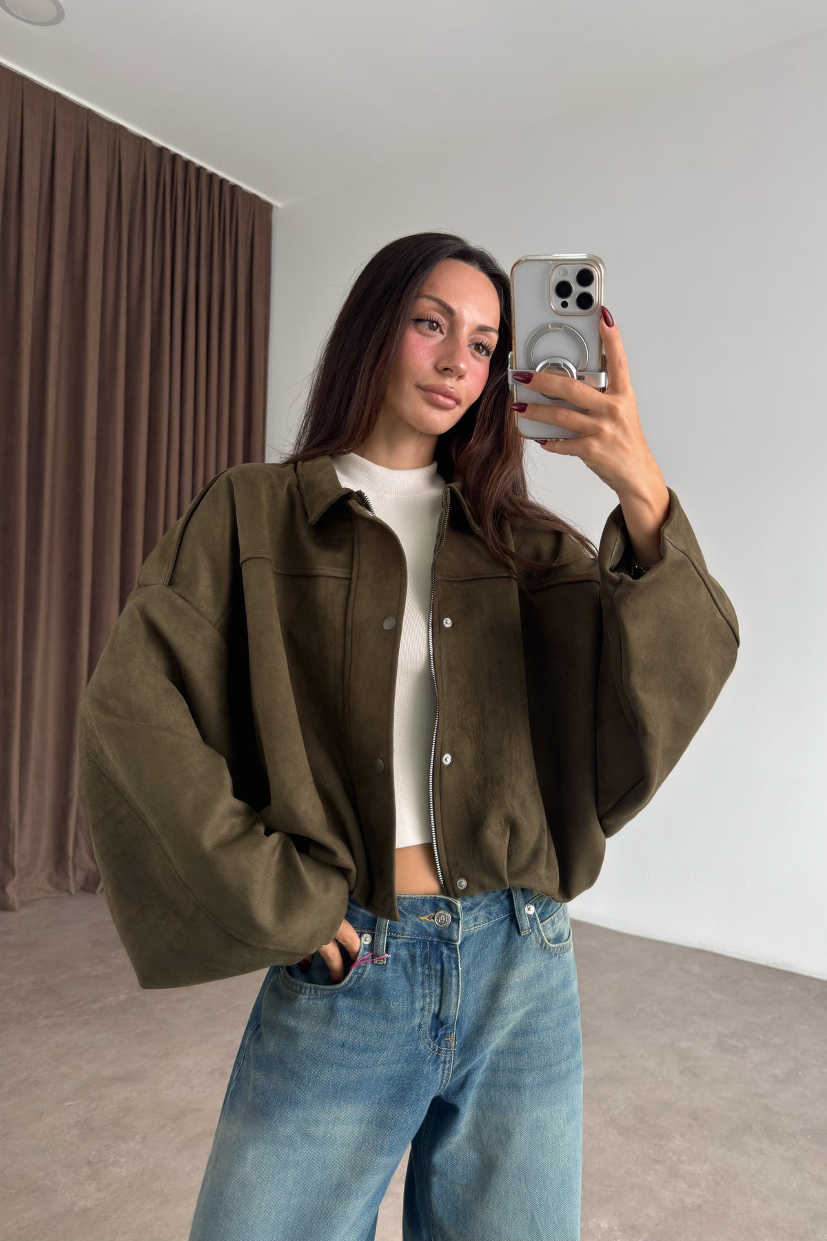 Premium Haki Süet Bomber Ceket