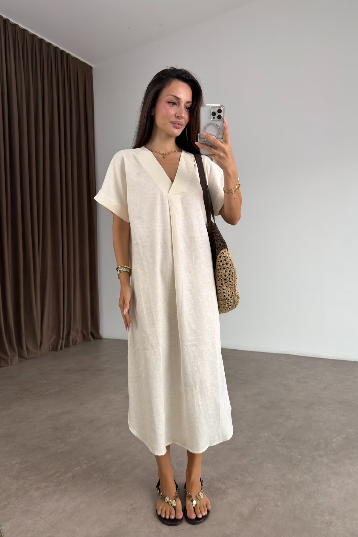 Premium Linen Keten Elbise Beyaz