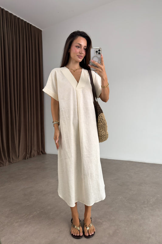 Premium Linen Keten Elbise Beyaz