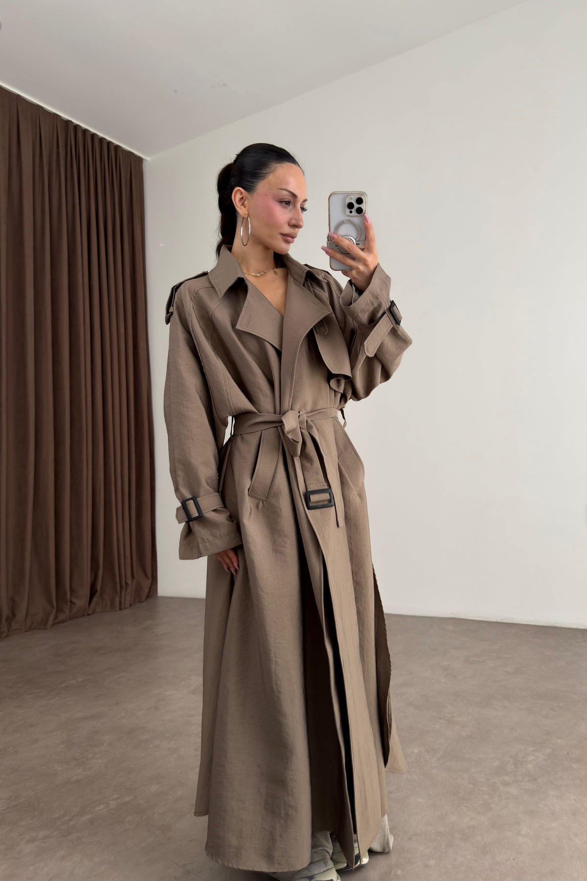 Premium Oversize Dökümlü Uzun Khaki Trençkot