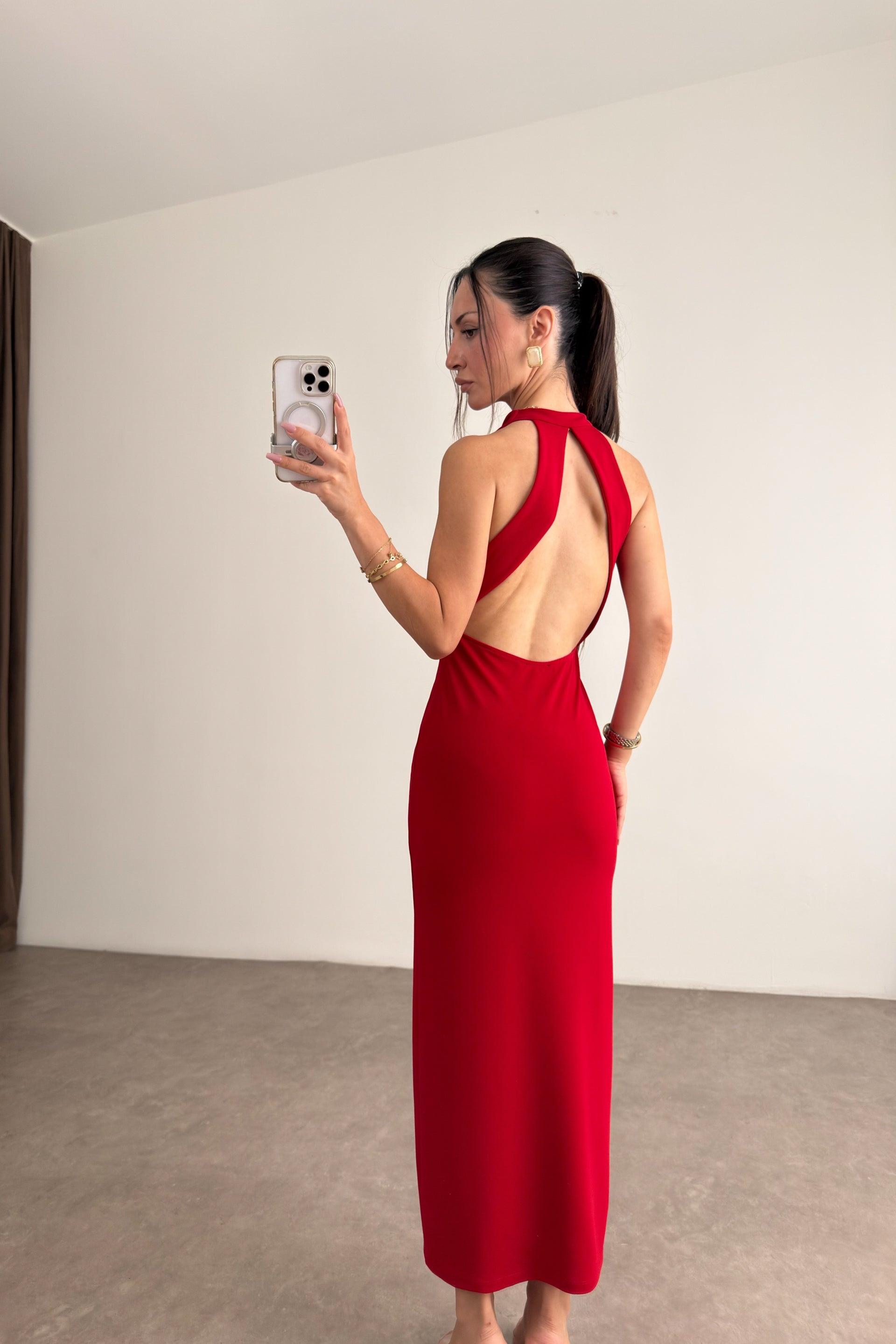 Zr Halter Yaka Sırt Dekolteli Midi Kırmızı Elbise