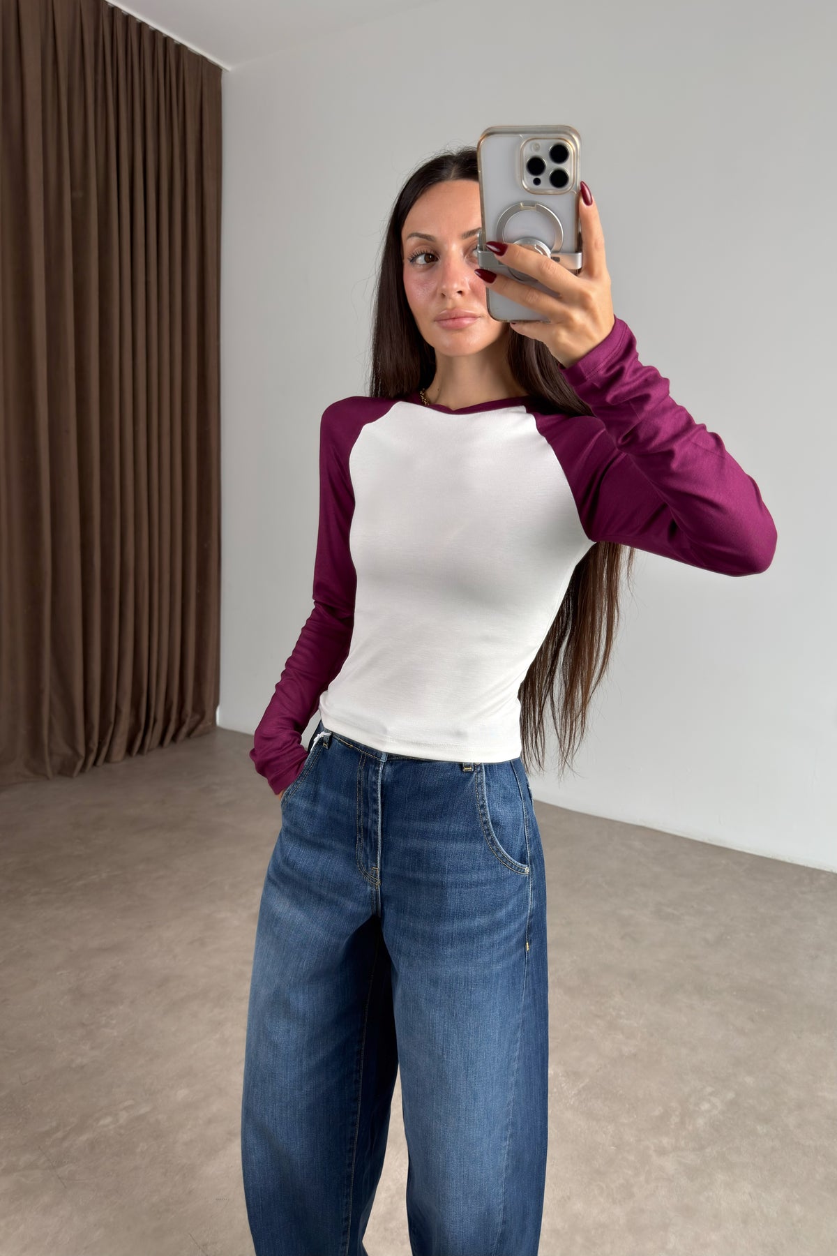 Raglan Kollu Bordo Beyaz Body
