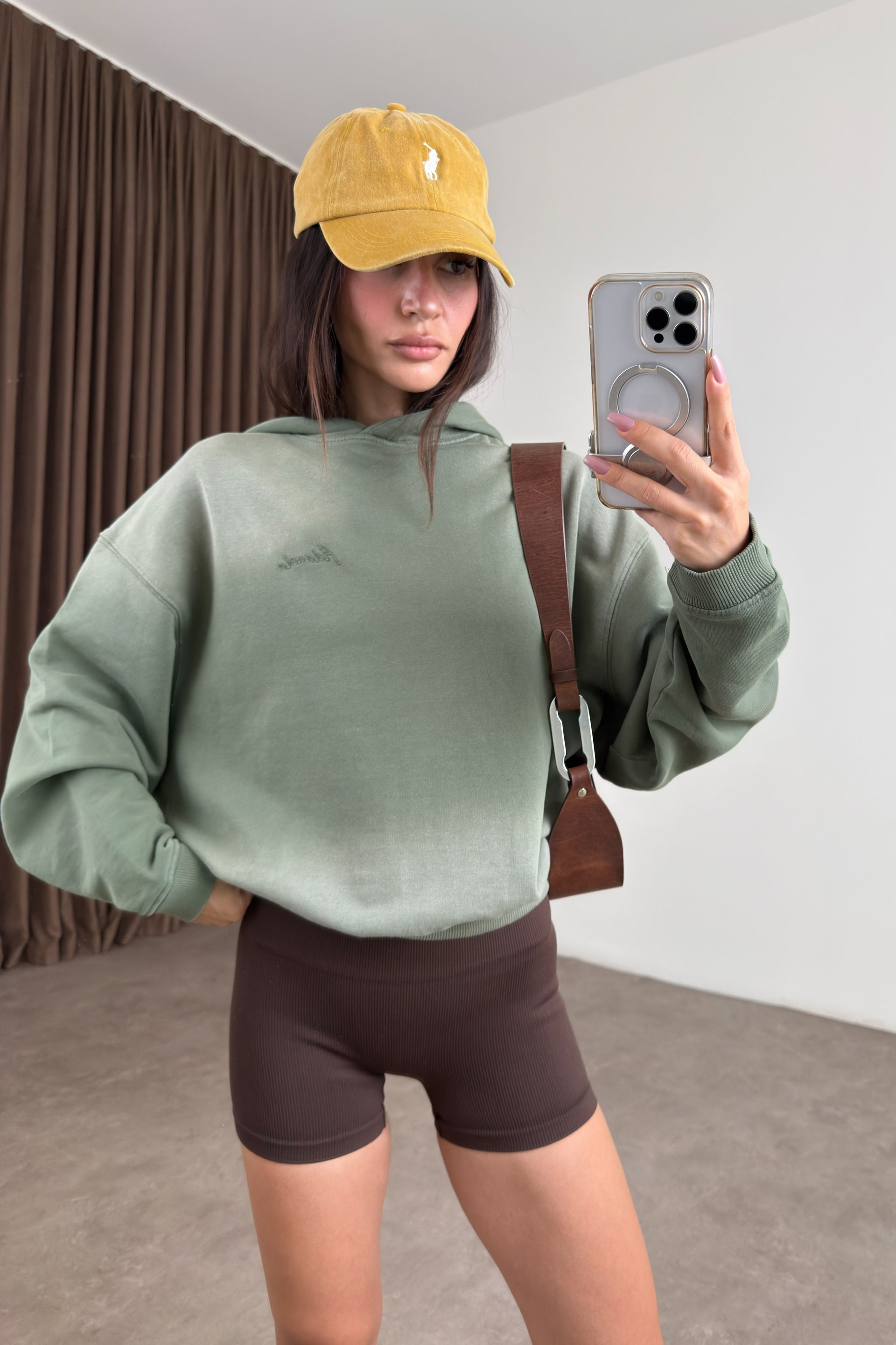 Orijinal Marka Kapüşonlu Asit Efektli Yeşil Sweatshirt