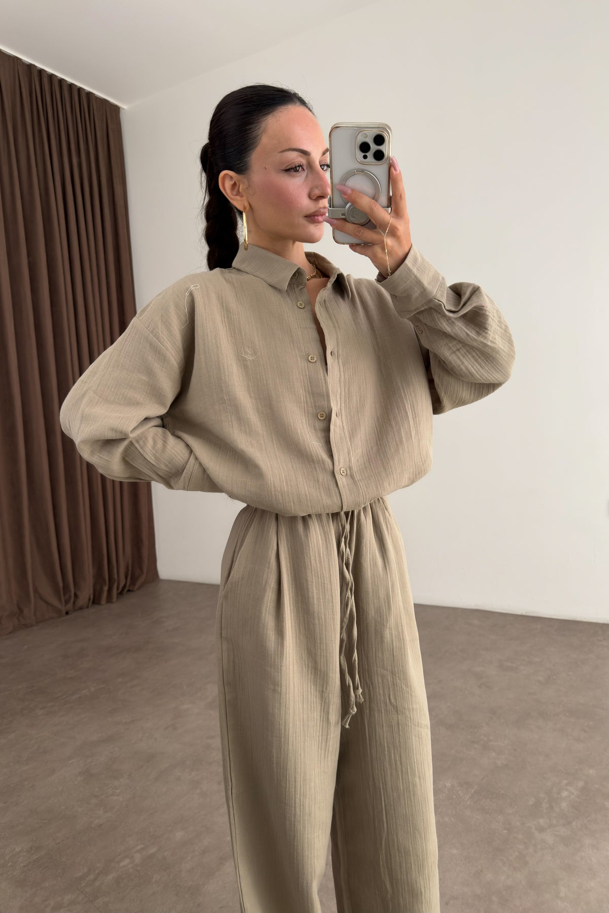 Bymn Oversize Müslin Gömlek Pantolon Çağla Takım