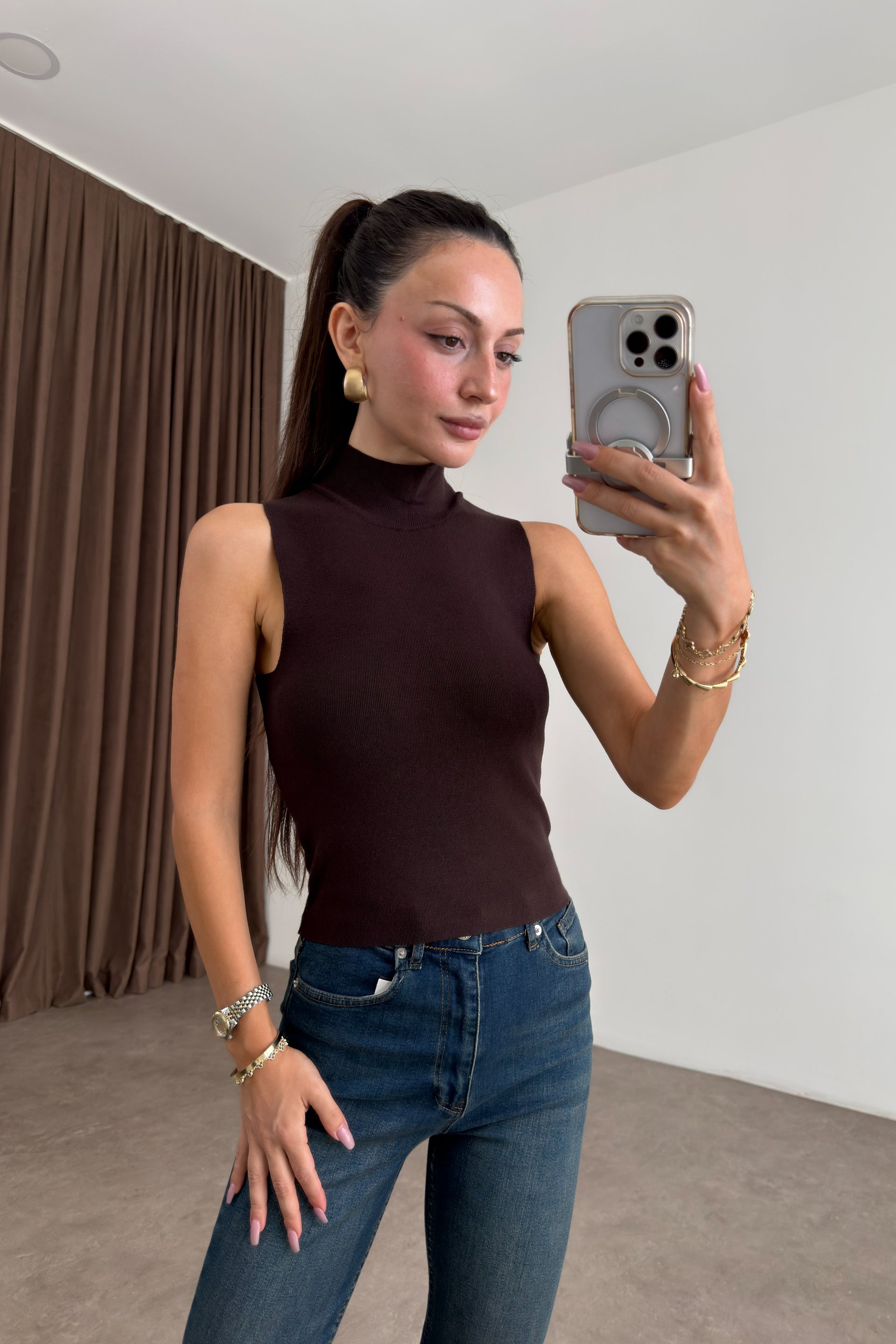 Modal Dokulu Örme Kahve Dik Yaka Body