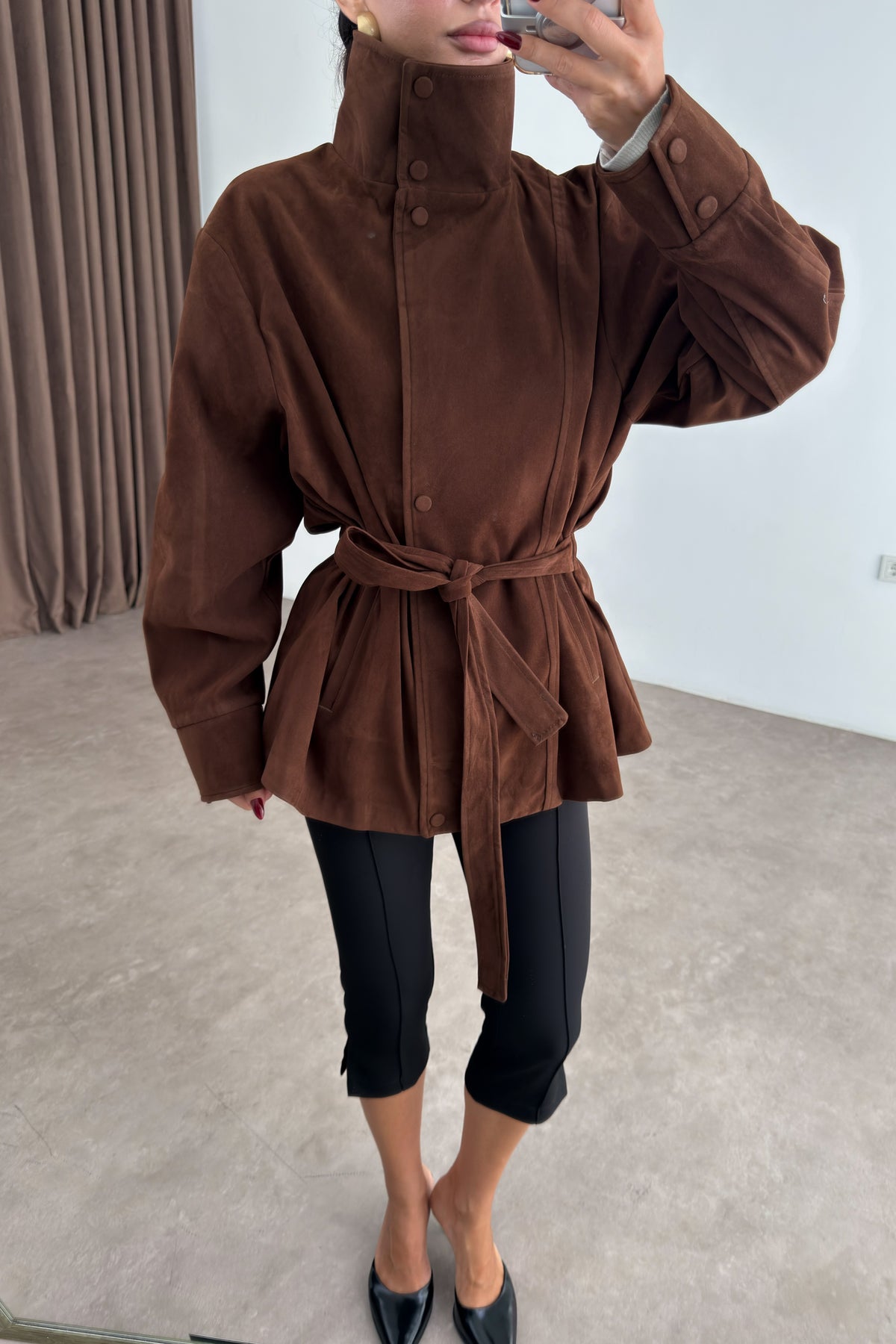 Premium Dik Yakalı Bele Oturan Süet Kahve Ceket