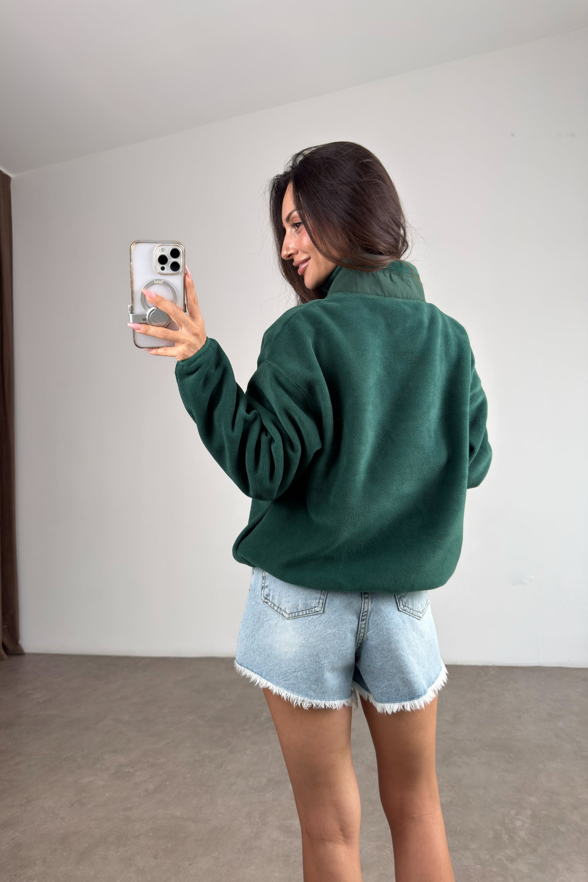 Fermuarlı Dik Yakalı Yeşil Polar Sweat