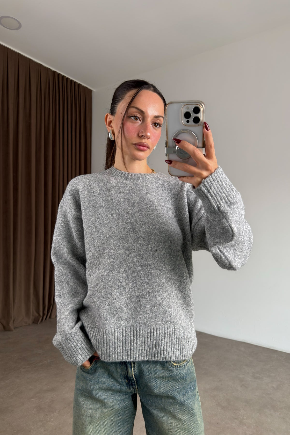 Bisiklet Yaka Ribanalı Gri Kazak
