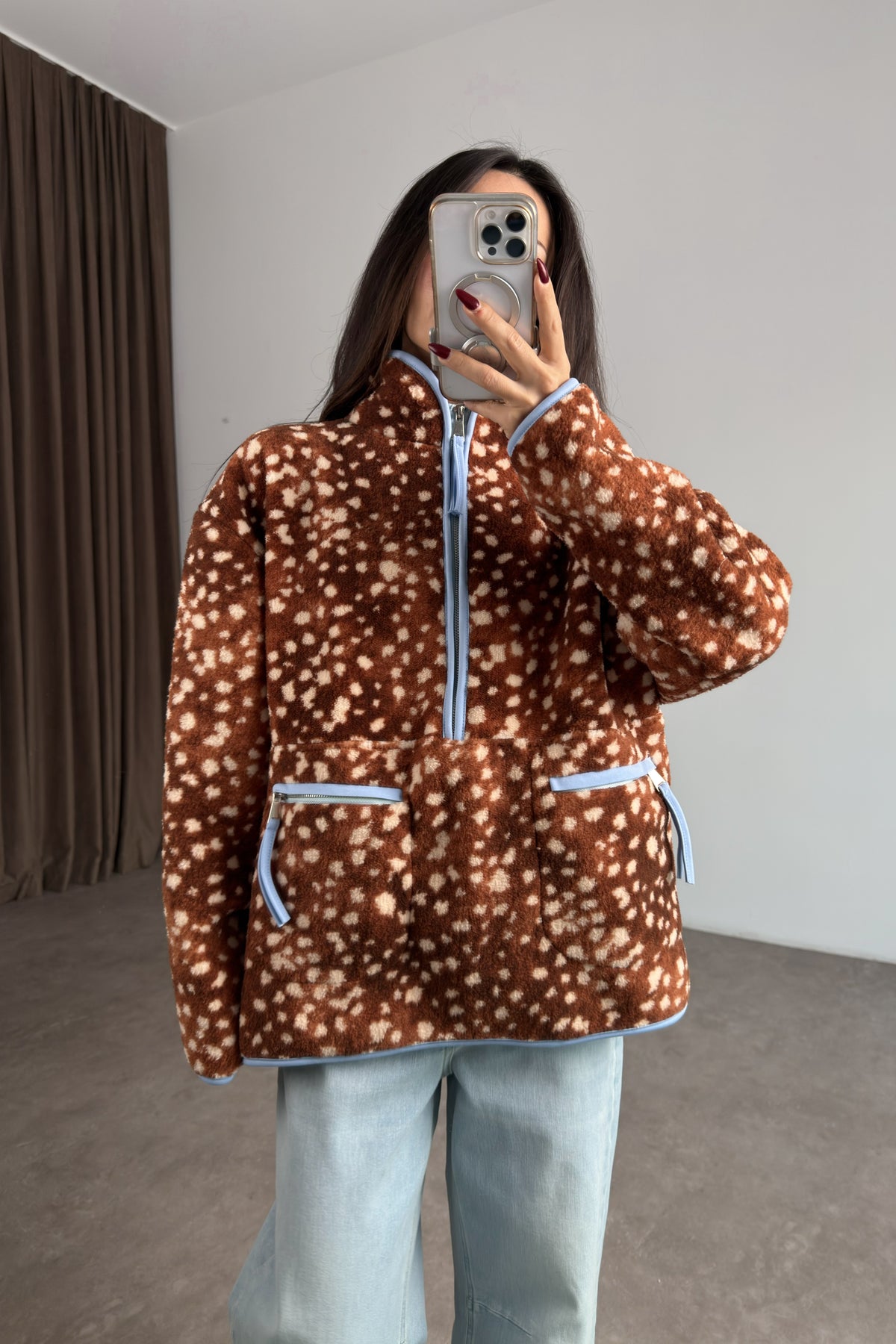 Kanguru Cepli Mavi Biyeli Bambi Teddy Ceket
