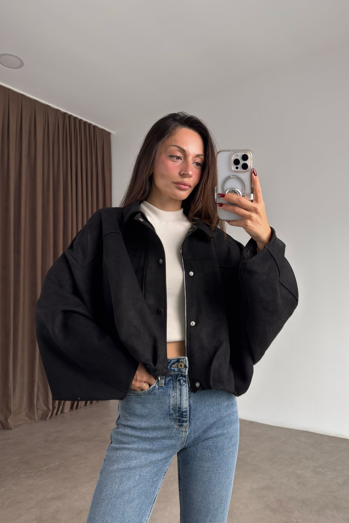 Premium Siyah Süet Bomber Ceket