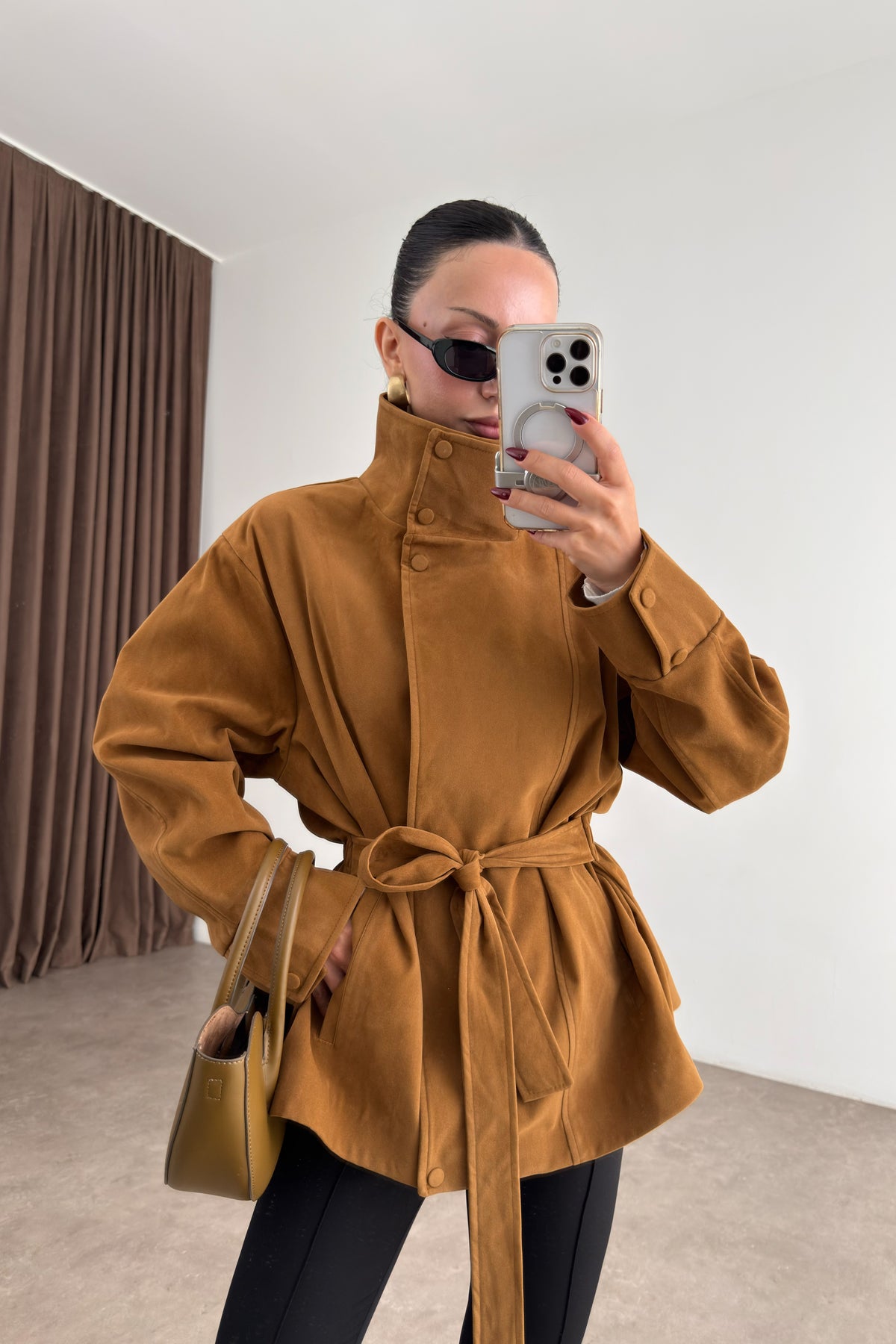 Premium Dik Yakalı Bele Oturan Süet Camel Ceket
