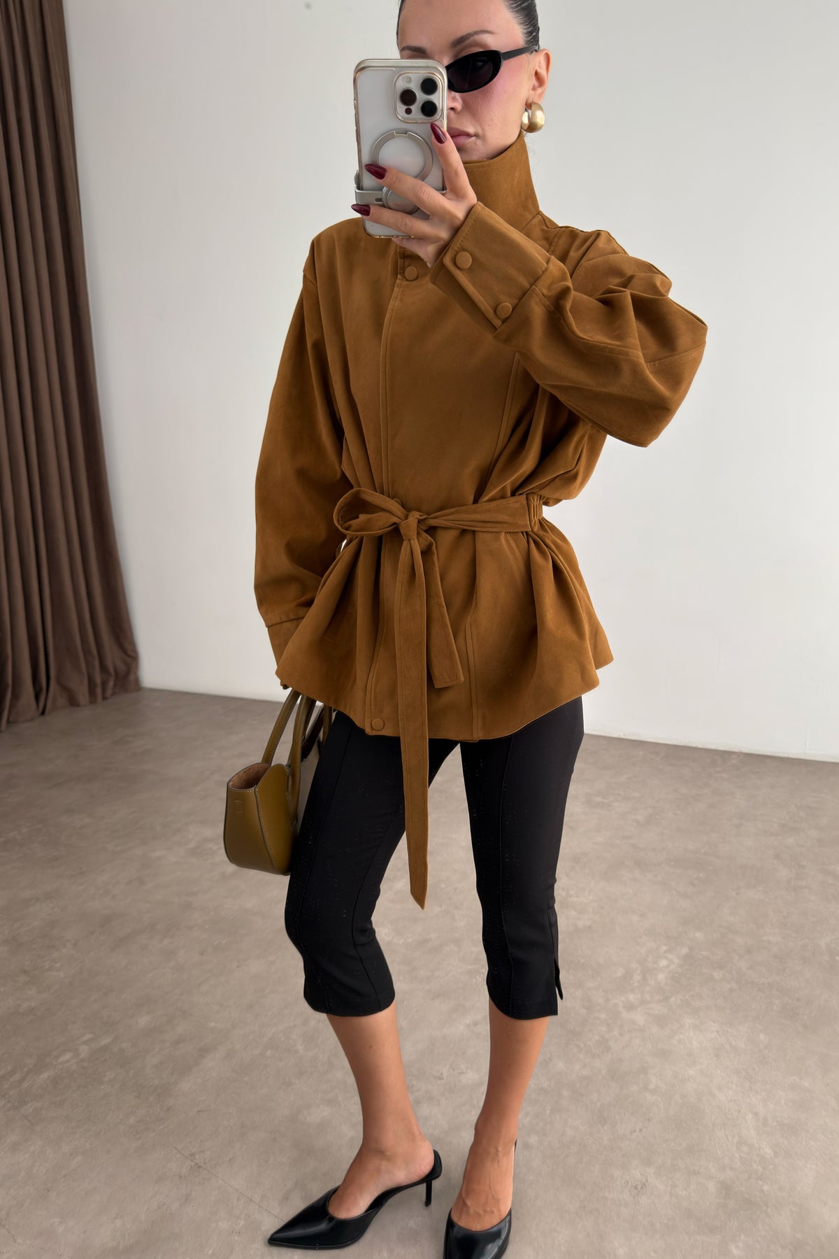 Premium Dik Yakalı Bele Oturan Süet Camel Ceket