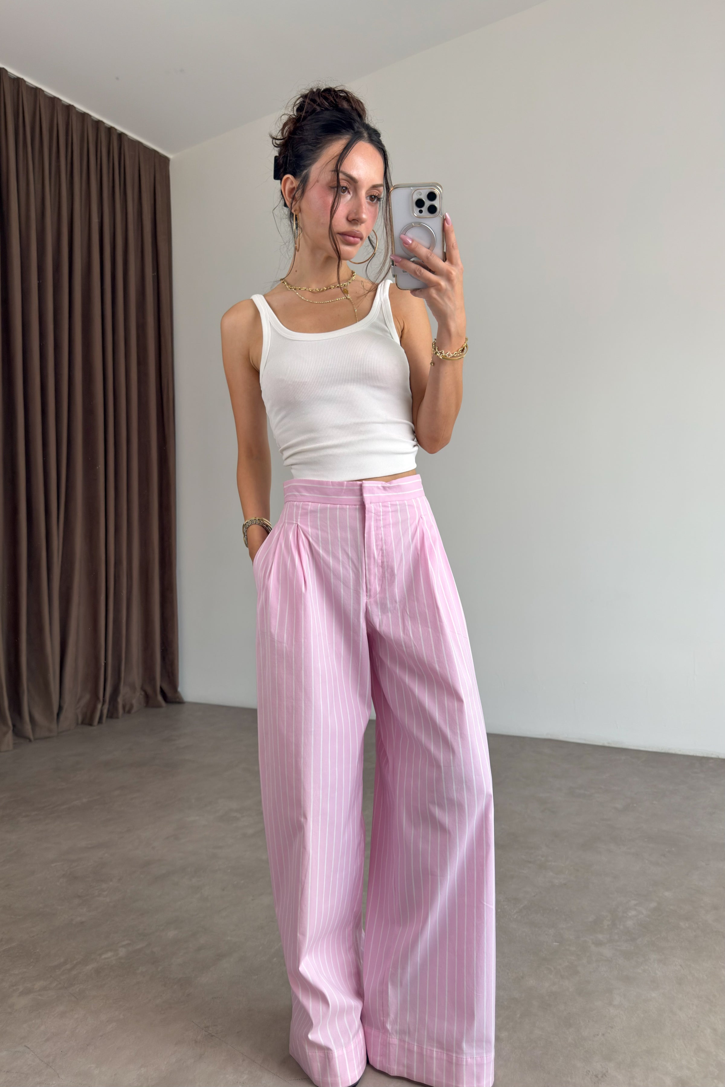 Zr Pembe Beyaz Çizgili Pantolon
