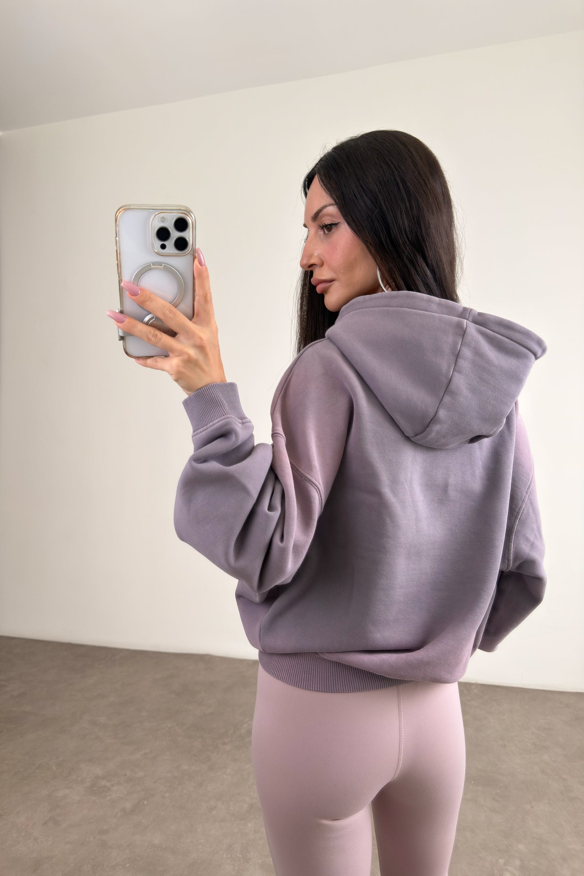 Orijinal Marka Kapüşonlu Asit Efektli Lila Sweatshirt