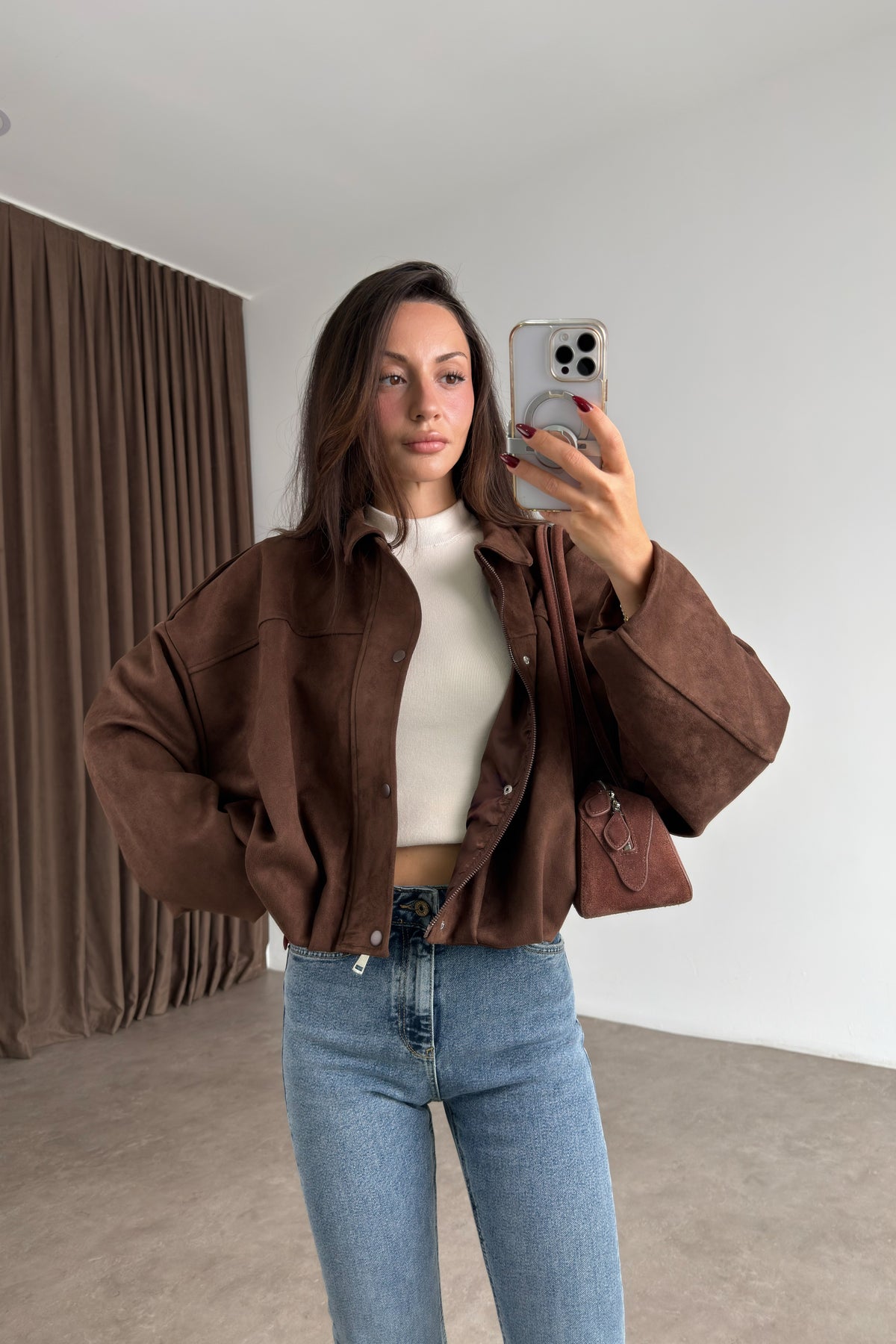 Premium Kahve Süet Bomber Ceket
