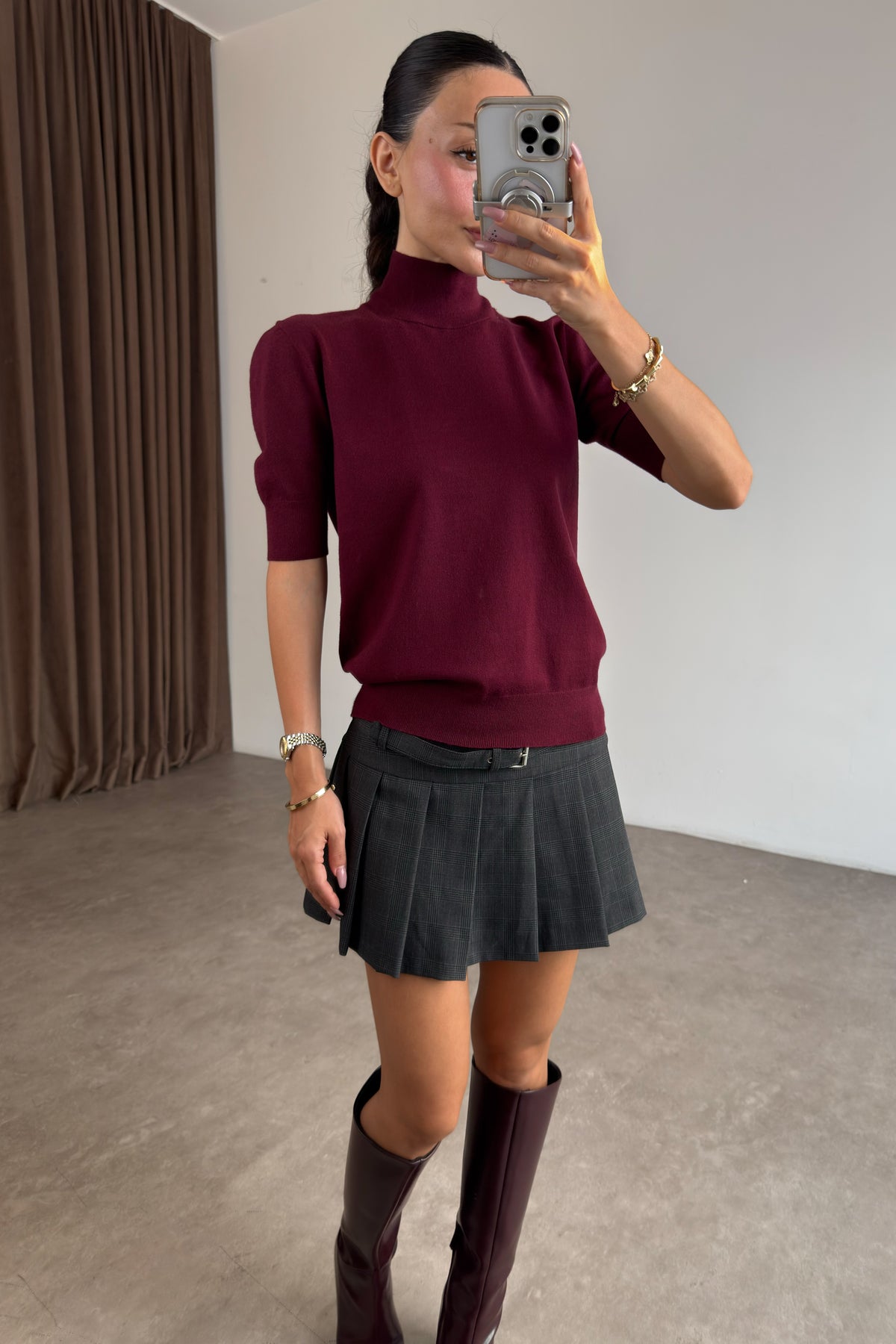 Yarım Boğazlı Kısa Kollu Modal Bordo Triko