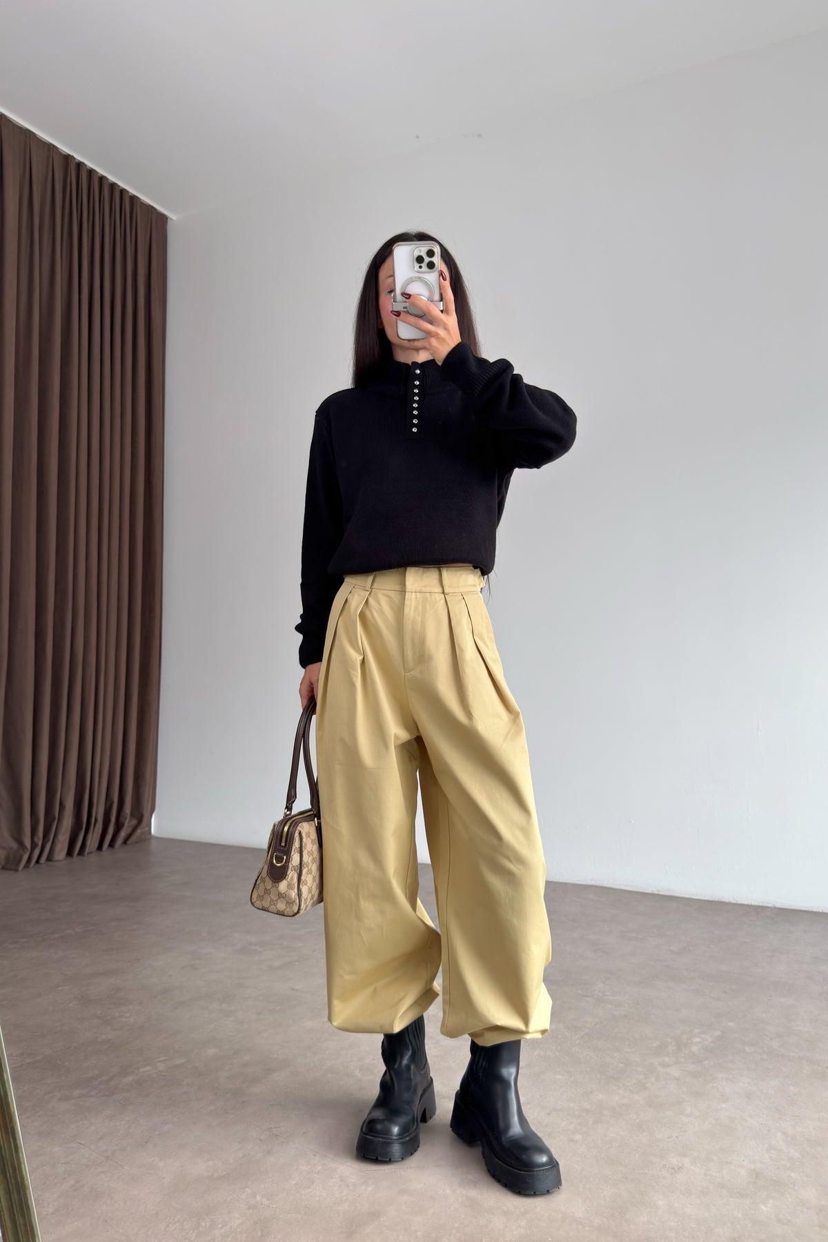 Pensli Yüksek Belli Bej Wide Leg Pantolon