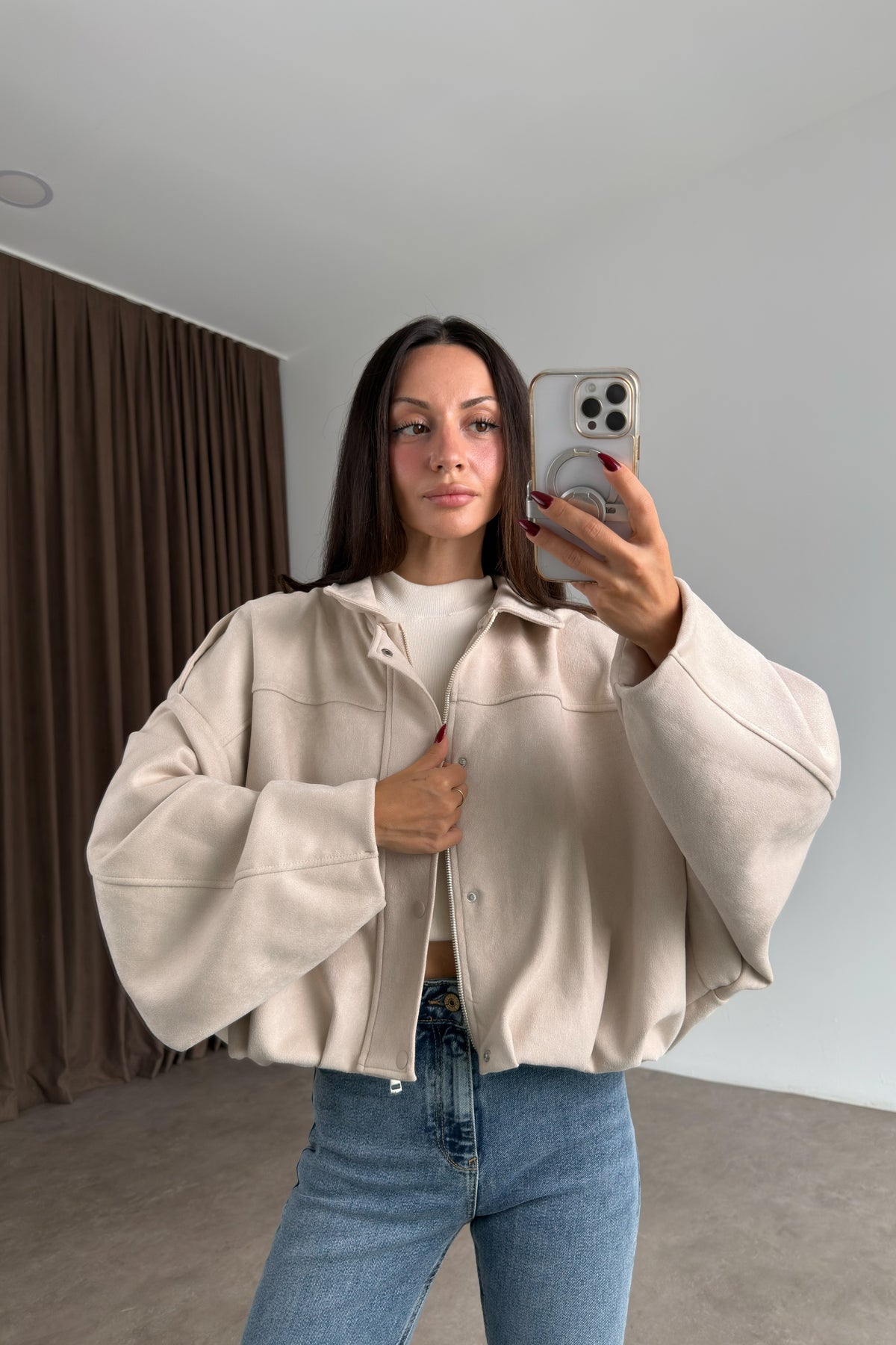 Premium Bej Süet Bomber Ceket