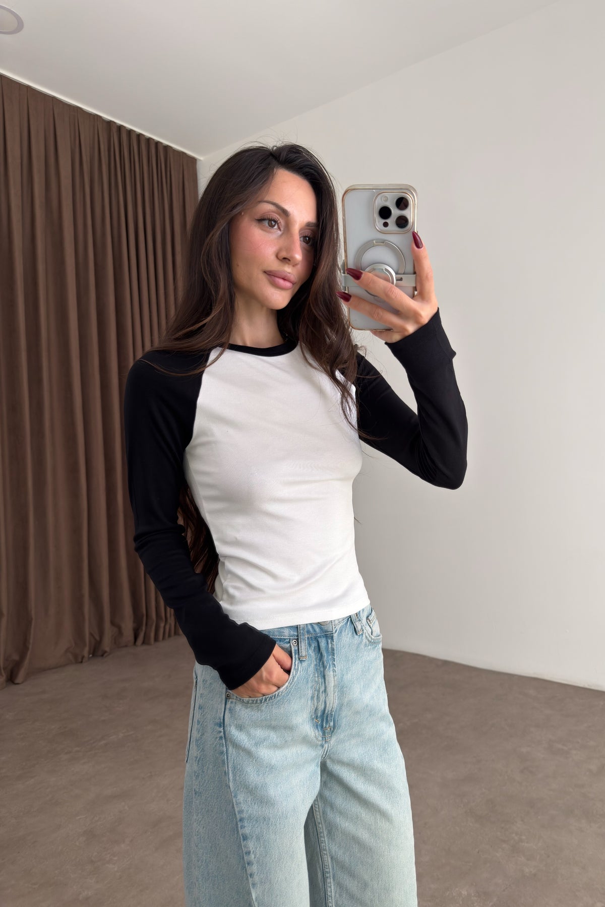 Raglan Kollu Siyah Beyaz Body