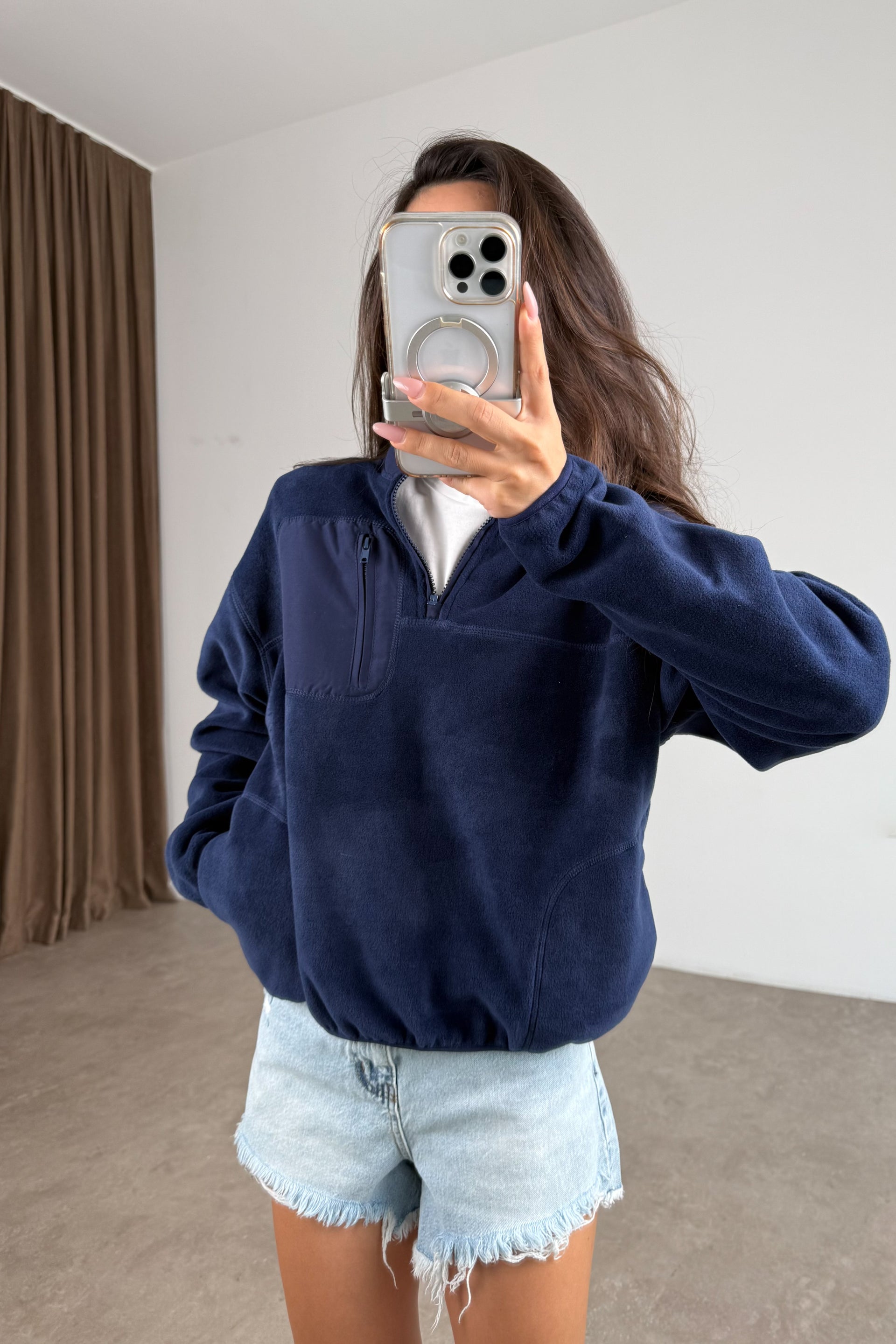 Fermuarlı Dik Yakalı Mavi Polar Sweat