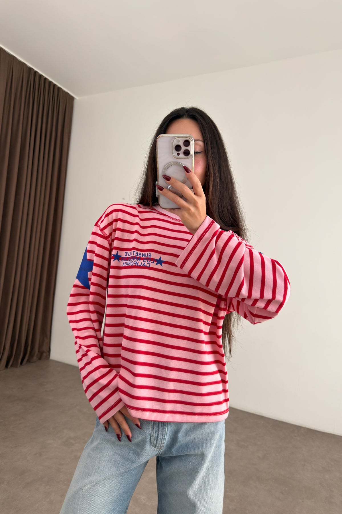 LA Pembe Kırmızı Çizgili Sweatshirt