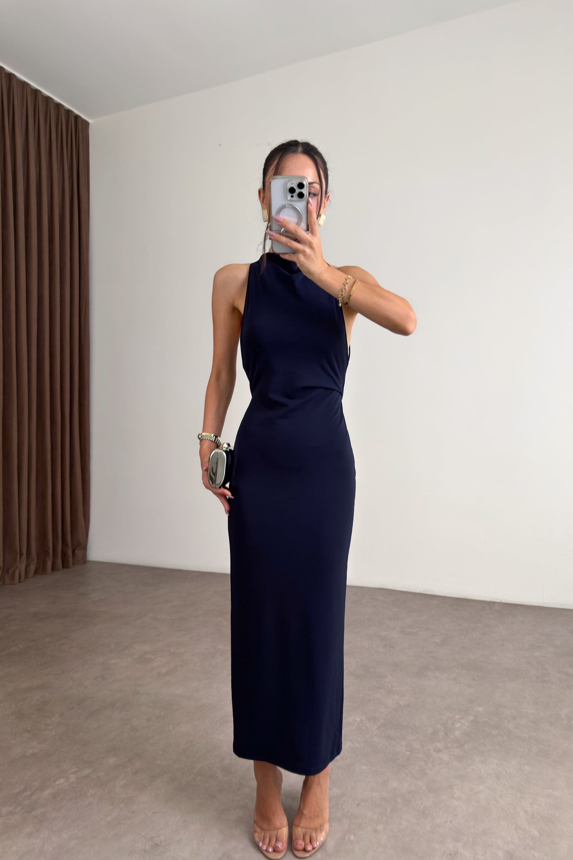 Zr Halter Yaka Sırt Dekolteli Midi Lacivert Elbise